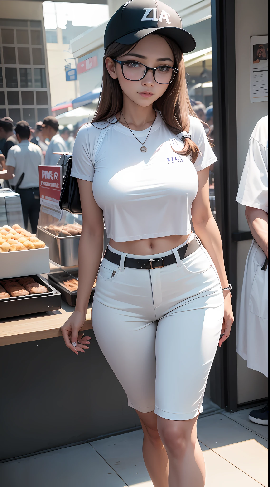 tmasterpiece,White baseball cap,White short sleeves,Black pantsuit,White tourist shoes,detail in face,stubbles,k hd,tmasterpiece,Black glasses,Stand at the night market,8K,high qulity,,(wie z:1.1),(Zaha:1.2),Interior architectural lights pass through the shadows,looking at viewert,close-up face