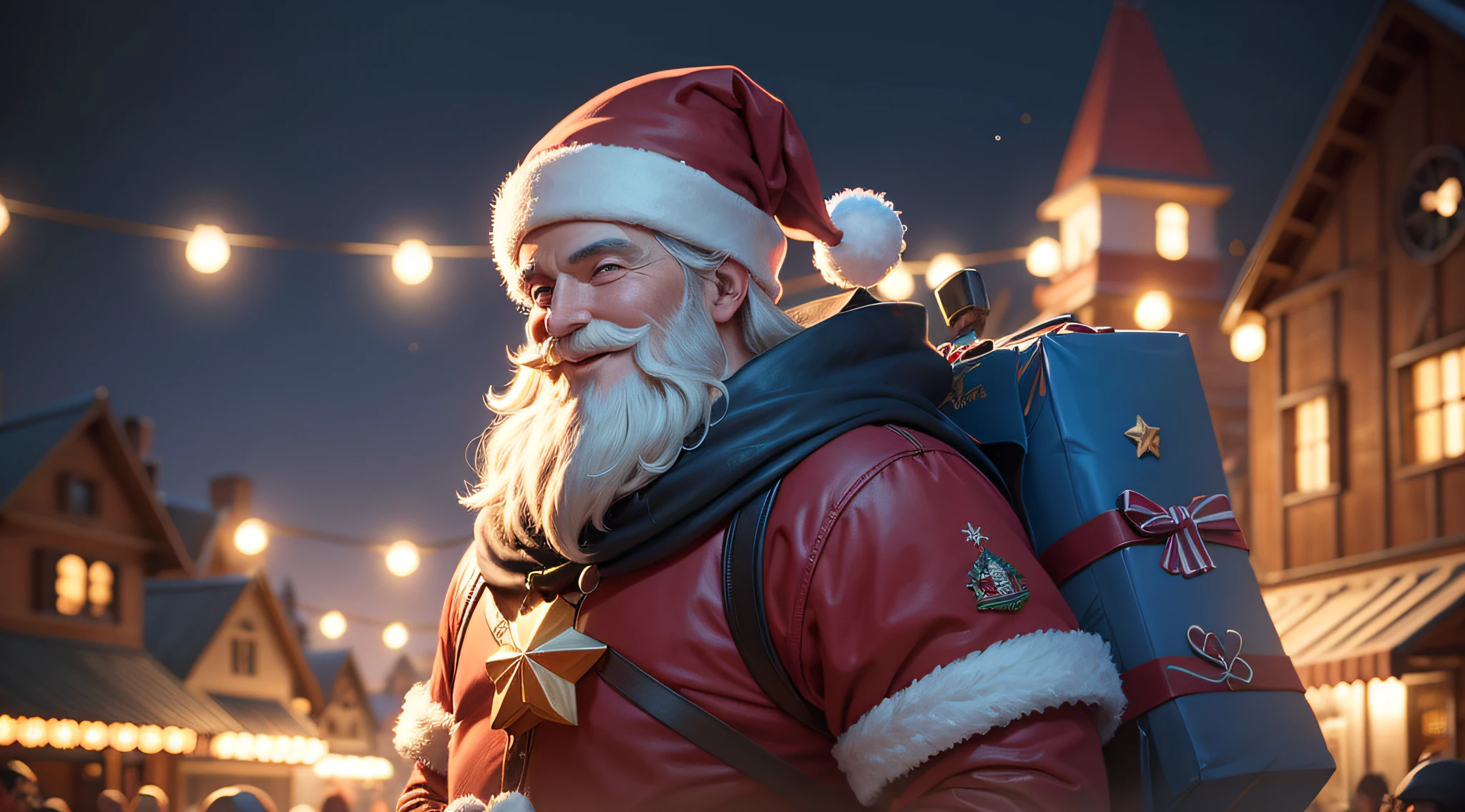 Christimas Santa Claus smiling happily passing through the sky, dark blue skies, Gingerbread candy village, cinematographic scene, Art Deco, studio illumination, Roboto, Colouring, fantasia, conto de fadas, intrincado, Florta, vagalumes, Tema azul, fundo azul, Natal, Hansel e Gretel, desfoque de fundo, Bokeh, medium shot, Visualmente deslumbrante, arte conceitual, trending in artstation, Artgerm, CGSetnação
