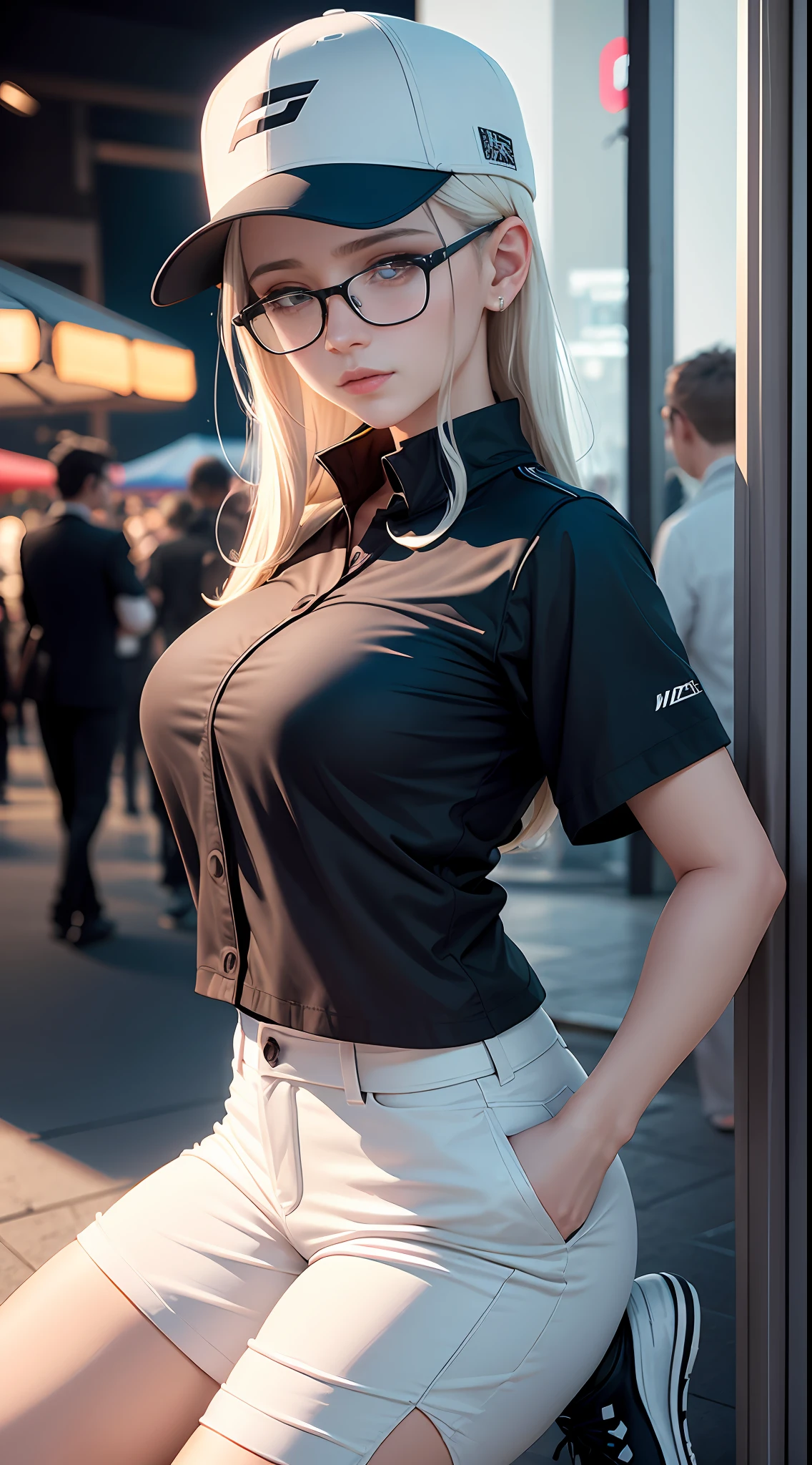 tmasterpiece，White baseball cap，White short sleeves，Black pantsuit，White tourist shoes，detail in face，stubbles，k hd，tmasterpiece，Black glasses，Stand at the night market，8K，high qulity，，（wie z：1.1），（Zaha：1.2），Interior architectural lights pass through the shadows，looking at viewert，close-up face