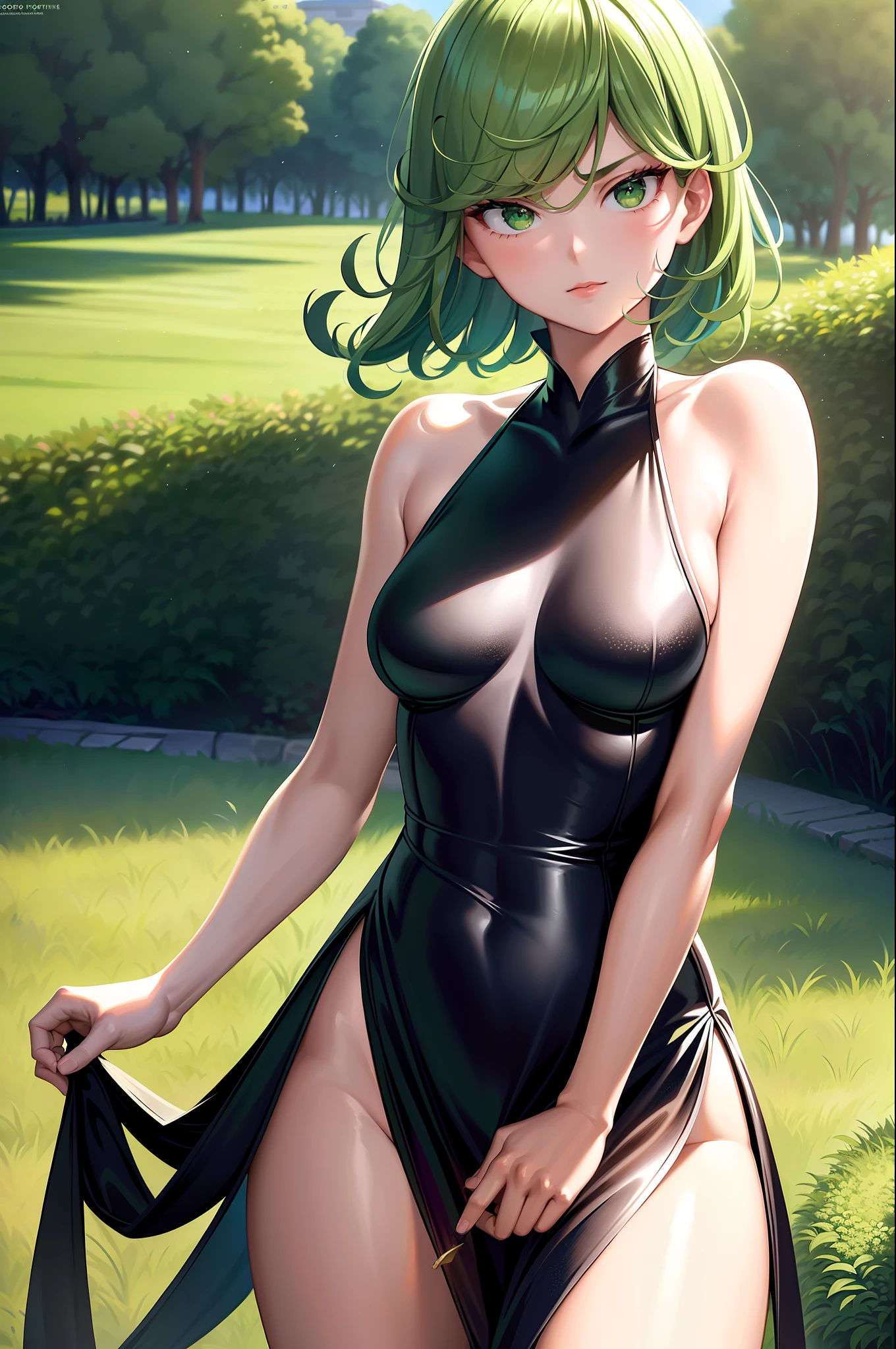 ultra realistic 8k cg, masterpiece, ((ultra detailed background, delicate pattern, intricate detail)), (highly detailed, fine details), best quality, (photorealistic:1.4),beautiful lighting,  absurdres, RAW photo, film grain, 1girl, solo, tatsumaki, ((small breasts, black dress)), fine art, (short green hair), (green eyes), (outside, daytime, windy, light rays), soft light, action scene, seducing face,