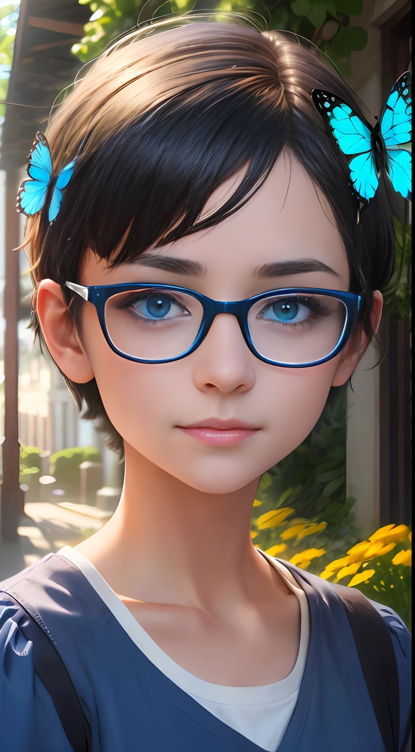 （A high resolution，High illumination，4K），blue rimmed glasses，Long face，The girl，the face，Detailed face，eBlue eyes，Flower garden，Very short hair，He has a butterfly on his head，close-up face，The sun at noon，ssmile，:)，looking at viewert，Close range - intensity，Blue shirt，