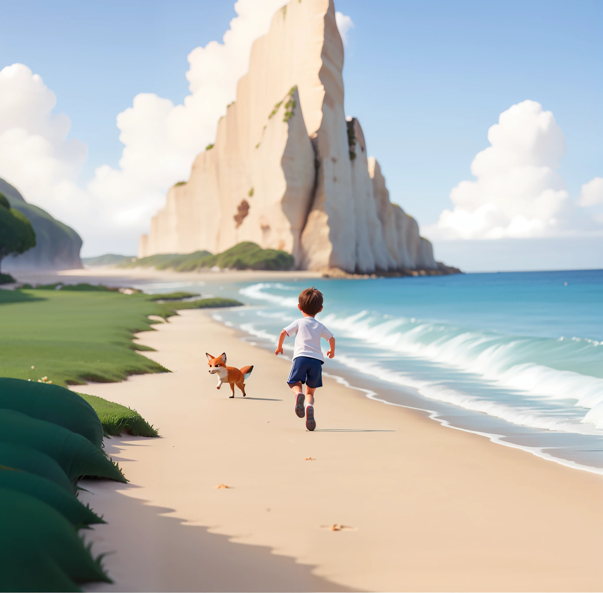 There's a boy running down the beach with a fox on the side