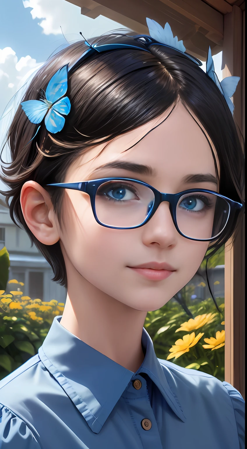 (A high resolution,High illumination,4K),blue rimmed glasses,Long face,The girl,the face,Detailed face,eBlue eyes,Flower garden,Very short hair,He has a butterfly on his head,close-up face,The sun at noon,ssmile,:),looking at viewert,Close range - intensity,Blue shirt,