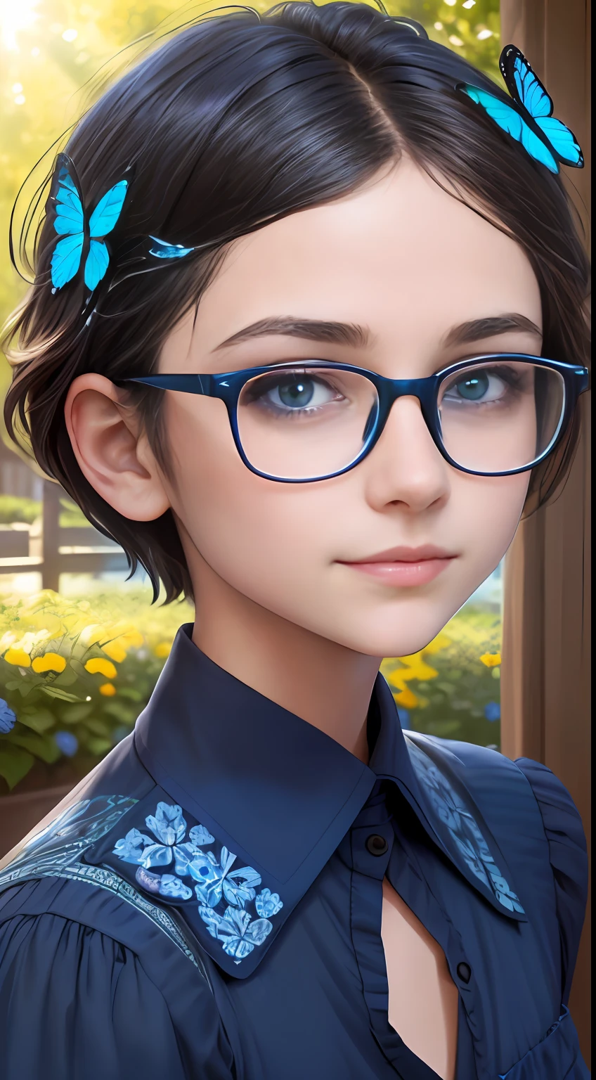 (A high resolution,High illumination,4K),blue rimmed glasses,Long face,The girl,the face,Detailed face,eBlue eyes,Flower garden,Very short hair,He has a butterfly on his head,close-up face,The sun at noon,ssmile,:),looking at viewert,Close range - intensity,Blue shirt,