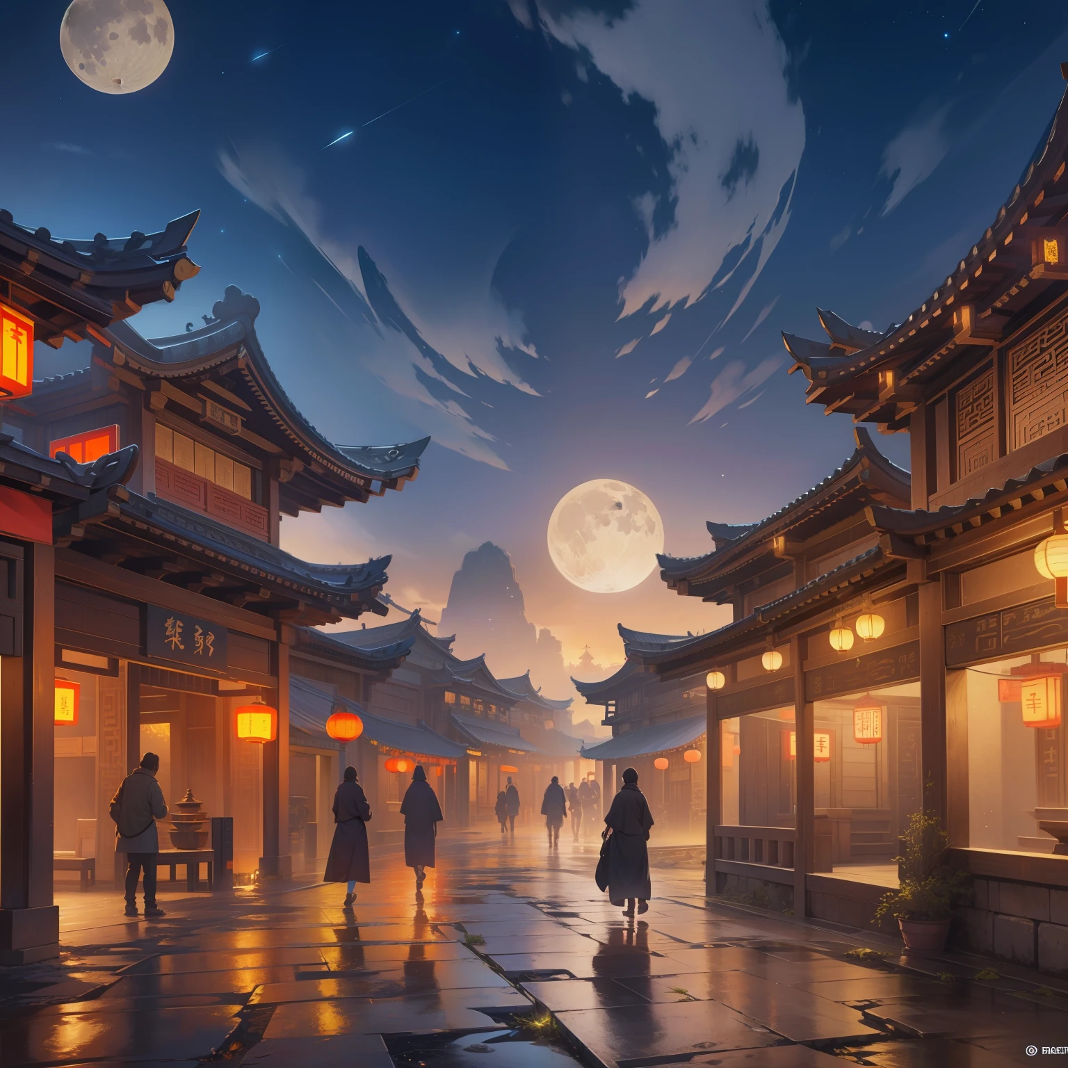 Official Art, Ancient China, Ancient Streets, (Lots of Fireflies), (Night), (Moon), Lights, Beautiful Landscapes, Epic Landscapes, Realistic Lighting, Masterpieces, High Quality, Beautiful Graphics, High Detail, Global Illumination, Unreal Engine Rendering, Octane Rendering, (HDR:1.3)