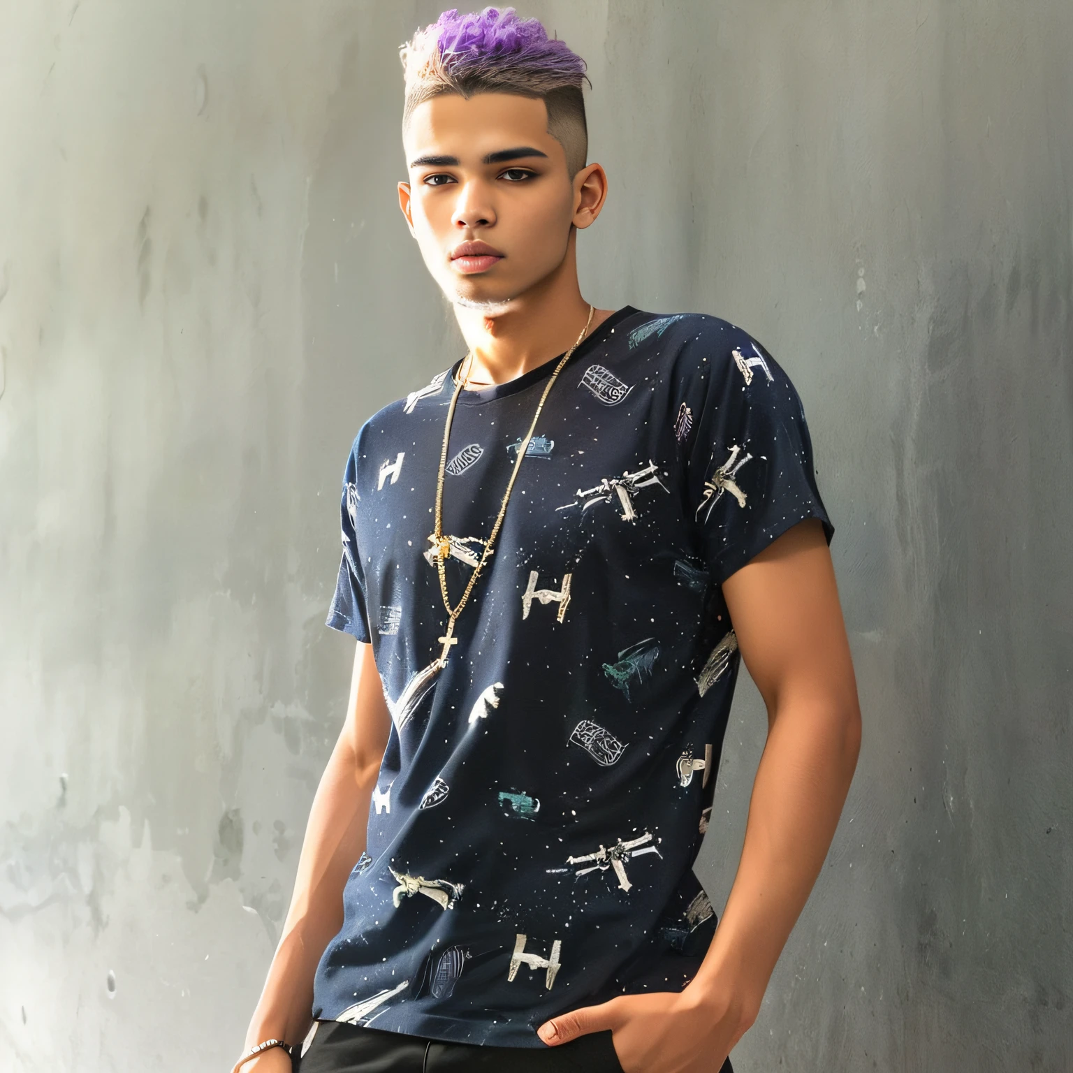 Homem com cabelo roxo e camisa de Star Wars, Estilo Mohamed Chahin, Vibe futurista de Star Wars, Estilo Star Wars, vibe de star wars, on a galaxy looking background, estilo cool, Inspirado em Star Wars, No estilo de Tyler Mitchell, in a galaxy, by John Luke, adolescente do sexo masculino, vestindo roupas espaciais, Estilo de Star Wars, caio santos