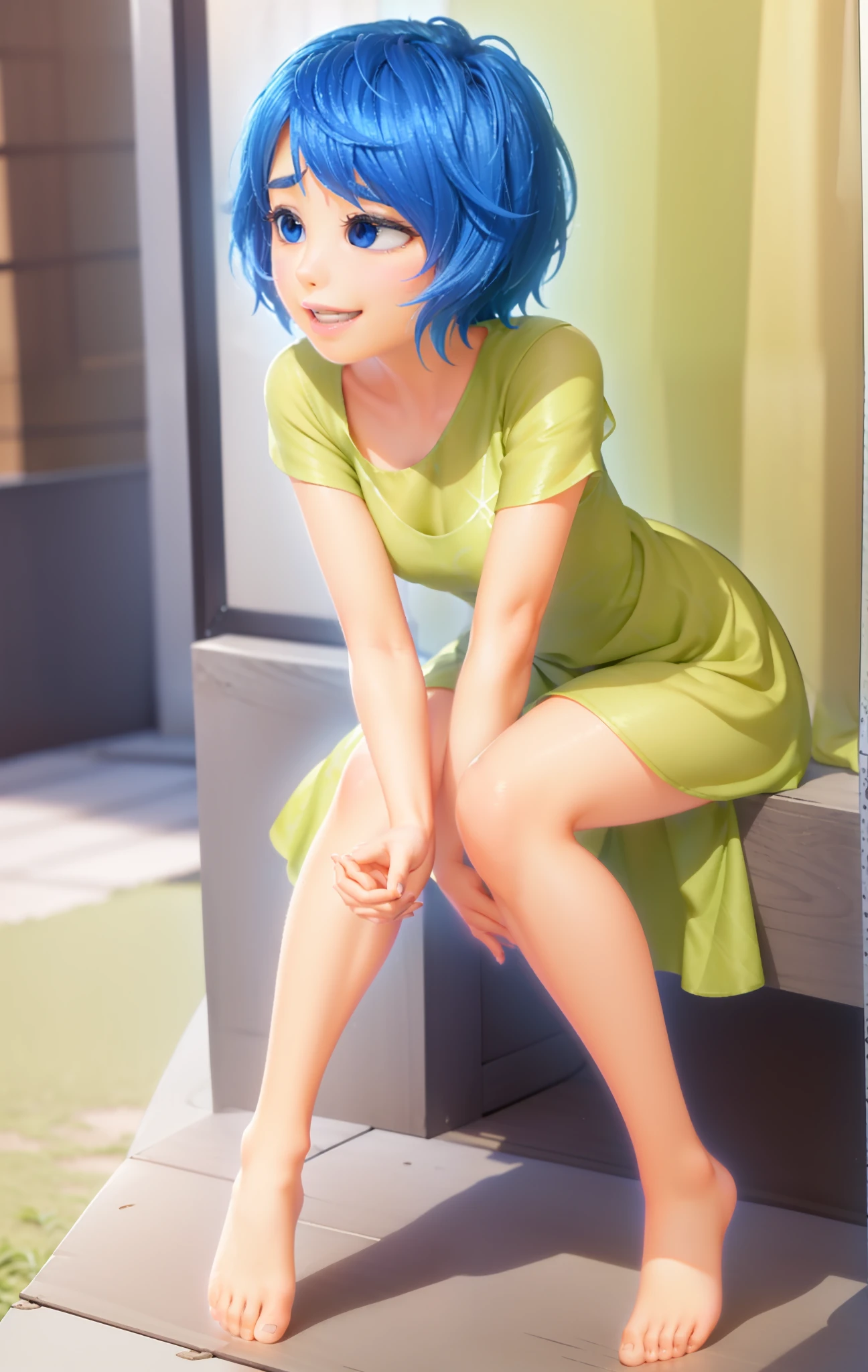 Masterpiece, Best Quality, (joying_Inside out, yellow skin, ),  Happy, (((lime green dress that goes to the knees))),  Pixar, cartoony, 3D Rendering, little chest, sexy expression, bare footed, ((Masterpiece)),((Best Quality)),absurdress, Sunlight, (half closed eyes:0.4), (parted lips:1.4), (nose blush:1.2), slight smile, breasts visible, Showing breasts,  Loli, mini underboob shirt, best quality, 1girl,((solo):1.2),best animated,(ultra detailed glossing hair:1.6), (ultra detailed hair:1.4),(Illustrated city background:1.2),1girl,high detail illustrated paint body and eyes like Pixar,Dark hair, beautiful city, summer time, shiny fatty skin,reddish Kneecap:1.2,soft and fat white_skin but yet reddish kneecap:1.8,half close eyes,happy smile,cosmetics natural cheek and lip, beautiful shiny barefoot, cover style very most short folding-socks,((cute color cloth summer season)),shiny hi detail black_loafers,show face to toe,from above,shyness, side window,(((close up face:1.0)))