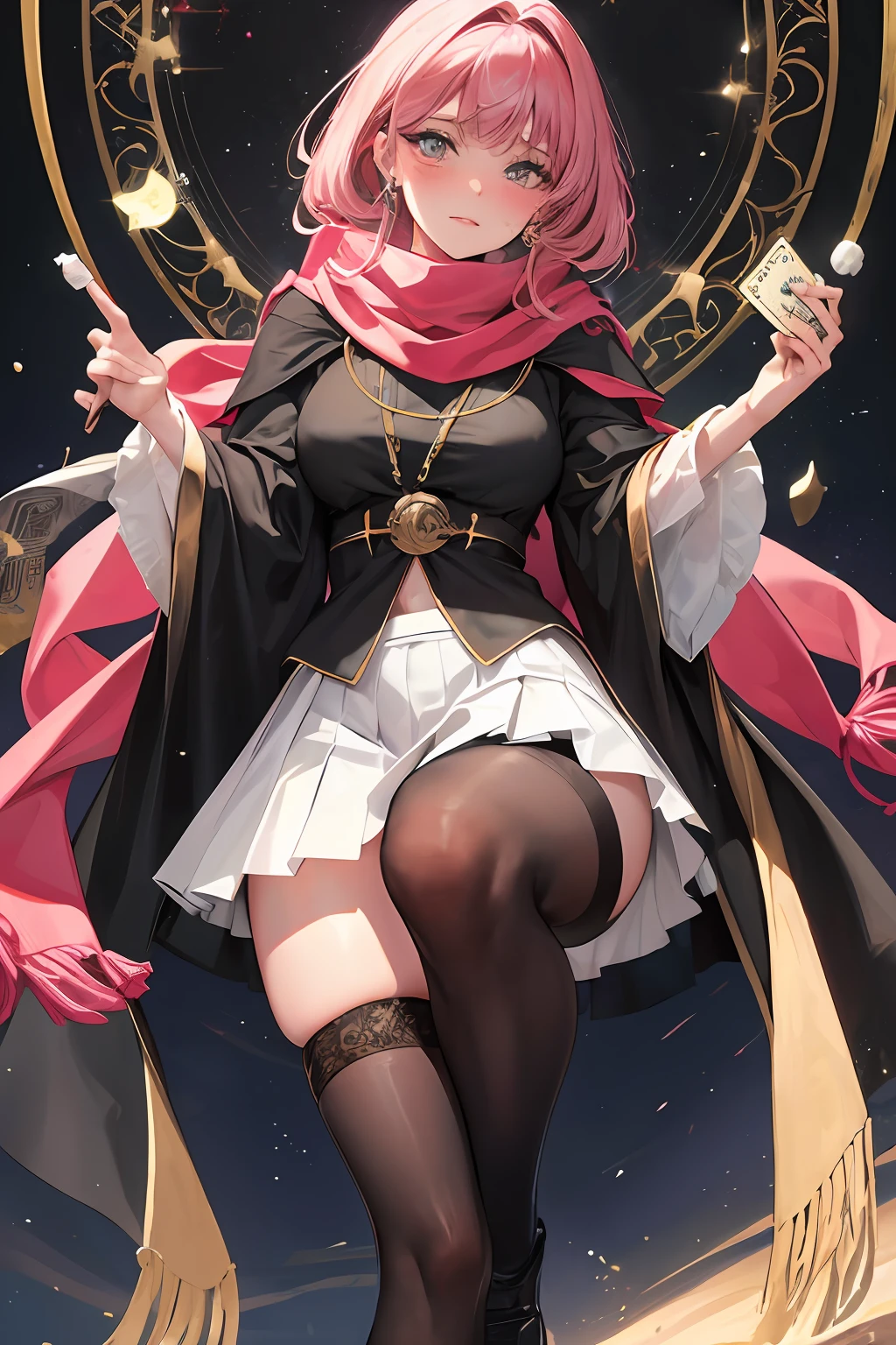 Tarot card soothsayer，Kizi，Cute looking，Face with scarf，Wear a white pleated skirt，Wear black stockings on the legs，large tities，big assa，Blushing