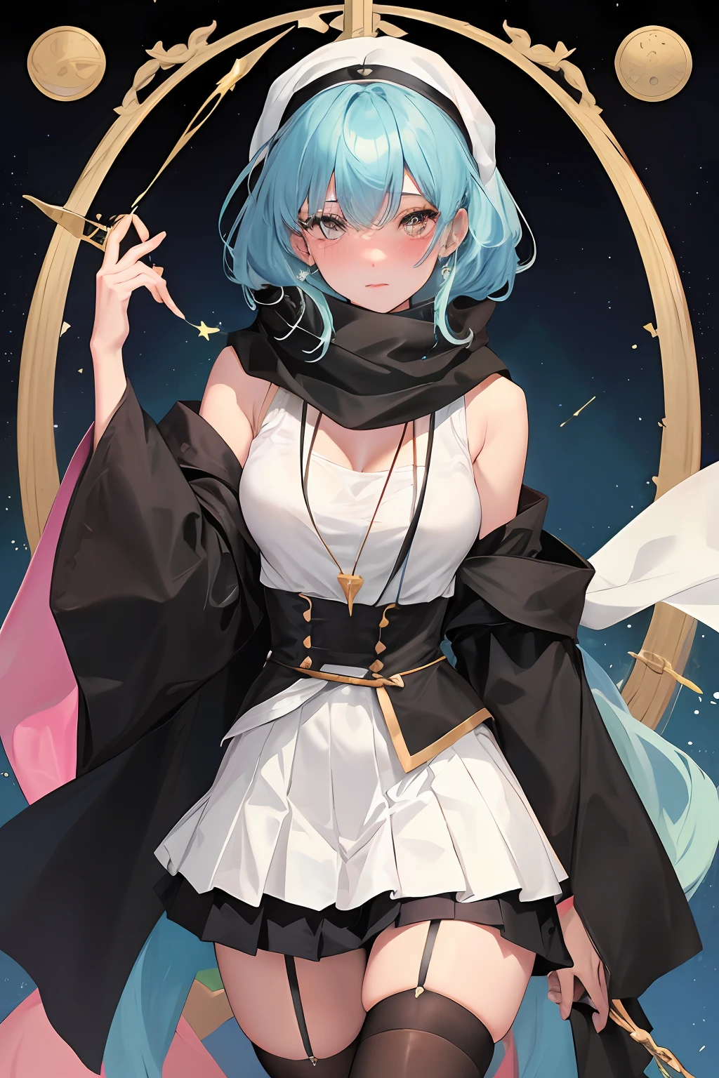 Tarot card soothsayer,Kizi,Cute looking,Face with scarf,Wear a white pleated skirt,Wear black stockings on the legs,large tities,big assa,Blushing