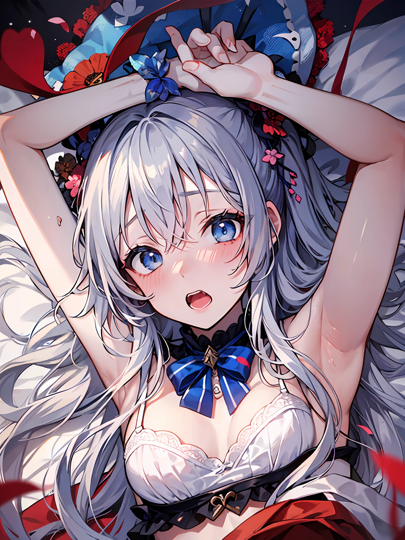 (masterpiece、top-quality、detaileds、超A high resolution、Beautifully in great detail)、Beautiful lighting、Very pretty girl、Rori 、undergarment、(Silver Twin Tail) 、1girl in、blue eyess、Sleep in bed、red blush、embarrassed from、((Frightened look))、reluctant、forcibly、Sexual facial expressions、From above、raise arms、full bodyesbian、bura、Striped panties、Perfectly trimmed fingers