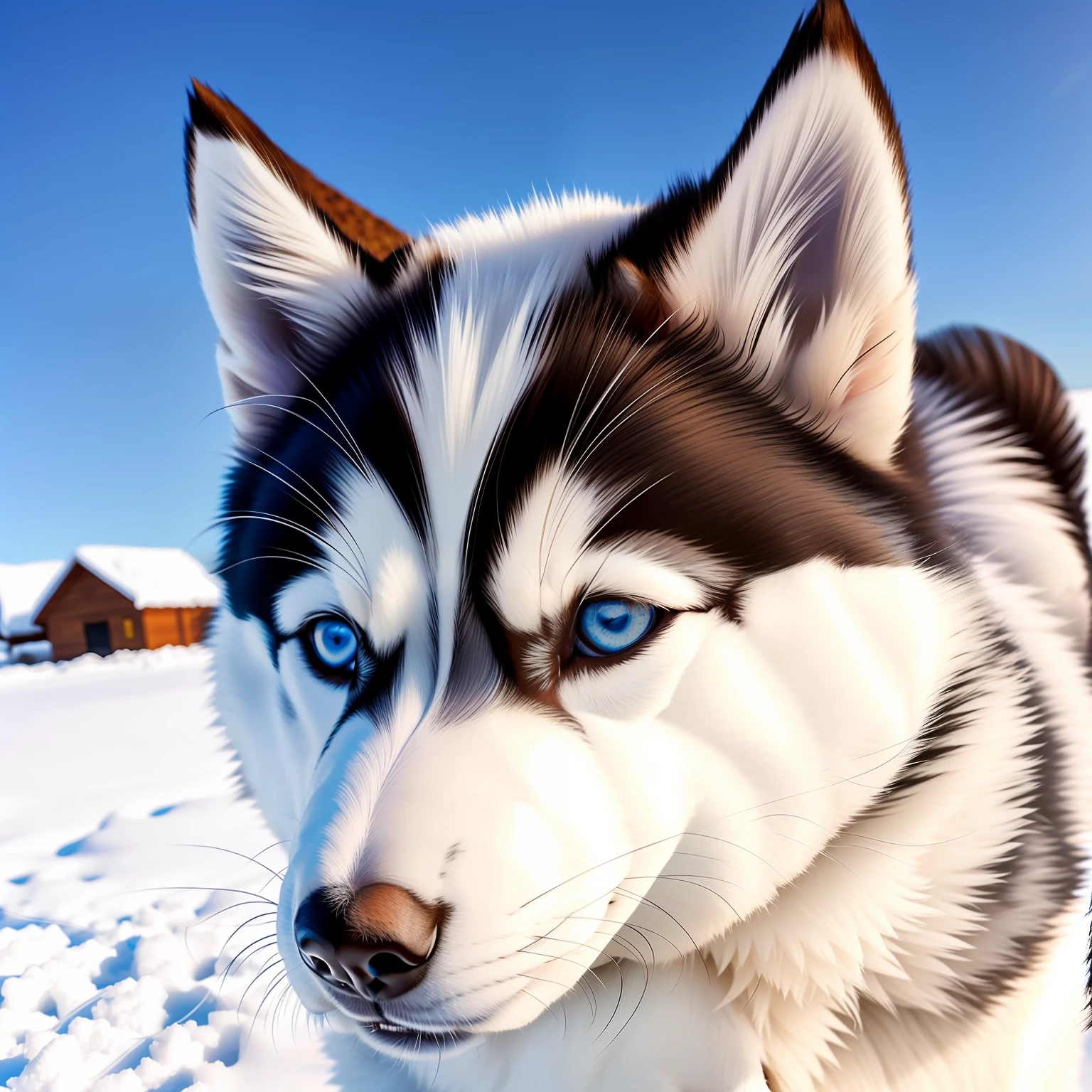 husky siberian, puppy, olhos azuis, fofo, detalhado, olhos brilhantes, pelo branco, cutie, brincando com bola, ao fundo a neve e uma cabana --auto