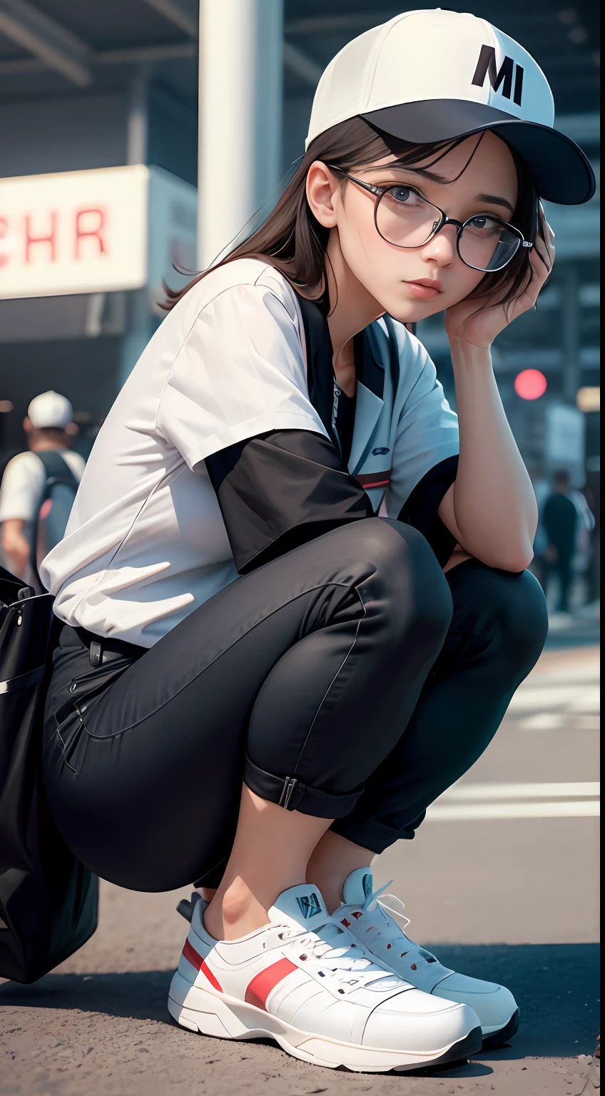 tmasterpiece，White baseball cap，White short sleeves，Black pantsuit，White tourist shoes，detail in face，stubbles，k hd，tmasterpiece，Black glasses，Stand at the night market，8K，high qulity，，（wie z：1.1），（Zaha：1.2），Interior architectural lights pass through the shadows，looking at viewert，close-up face