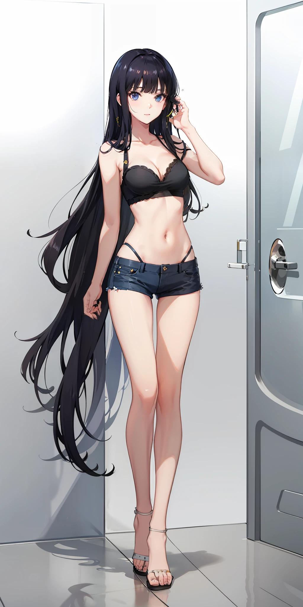long hair, black hair, medium breast, slim legs, navel, nervous,  hot pants, cleavage
