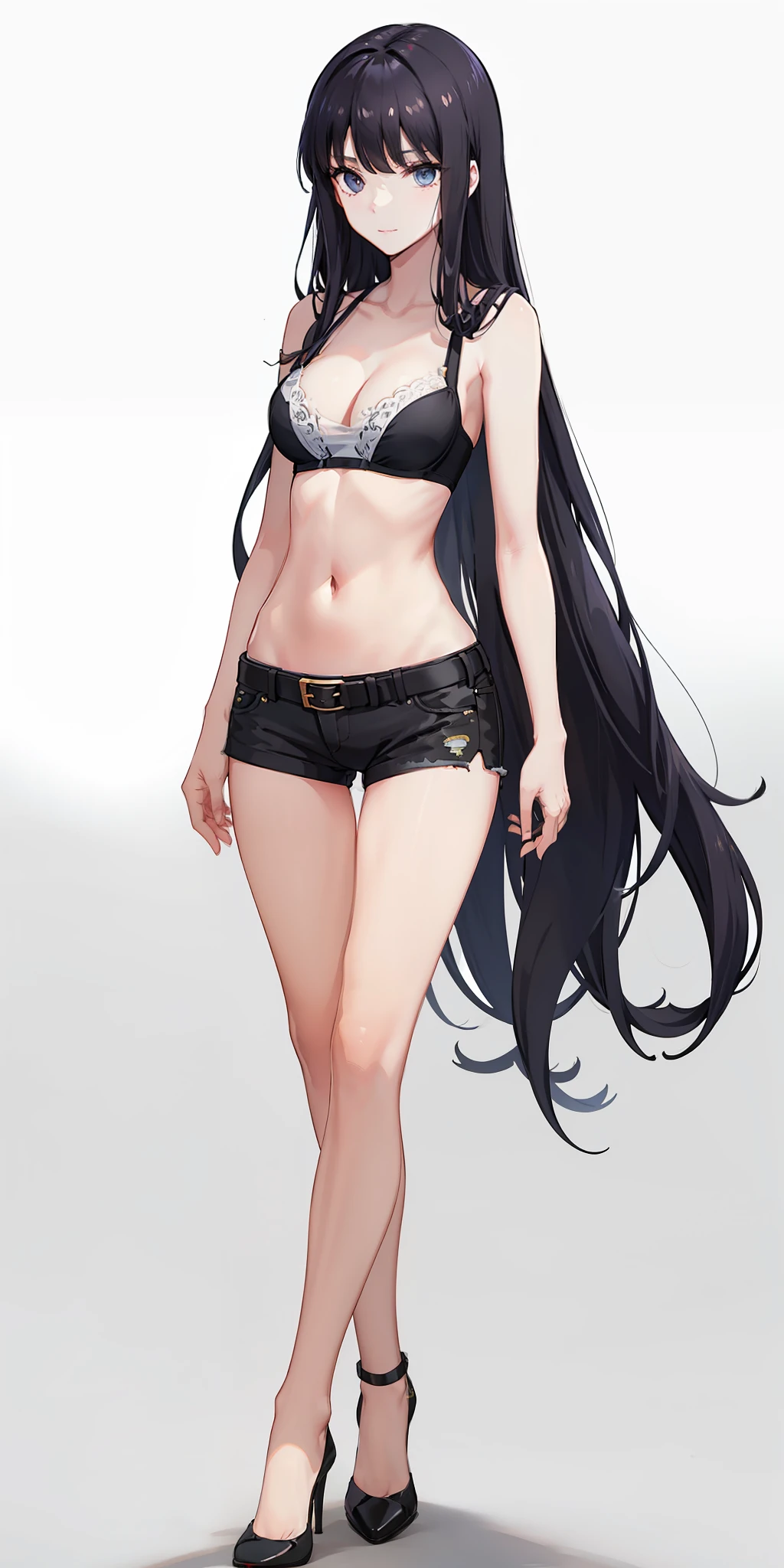 long hair, black hair, medium breast, slim legs, navel, nervous, hot pants, cleavage