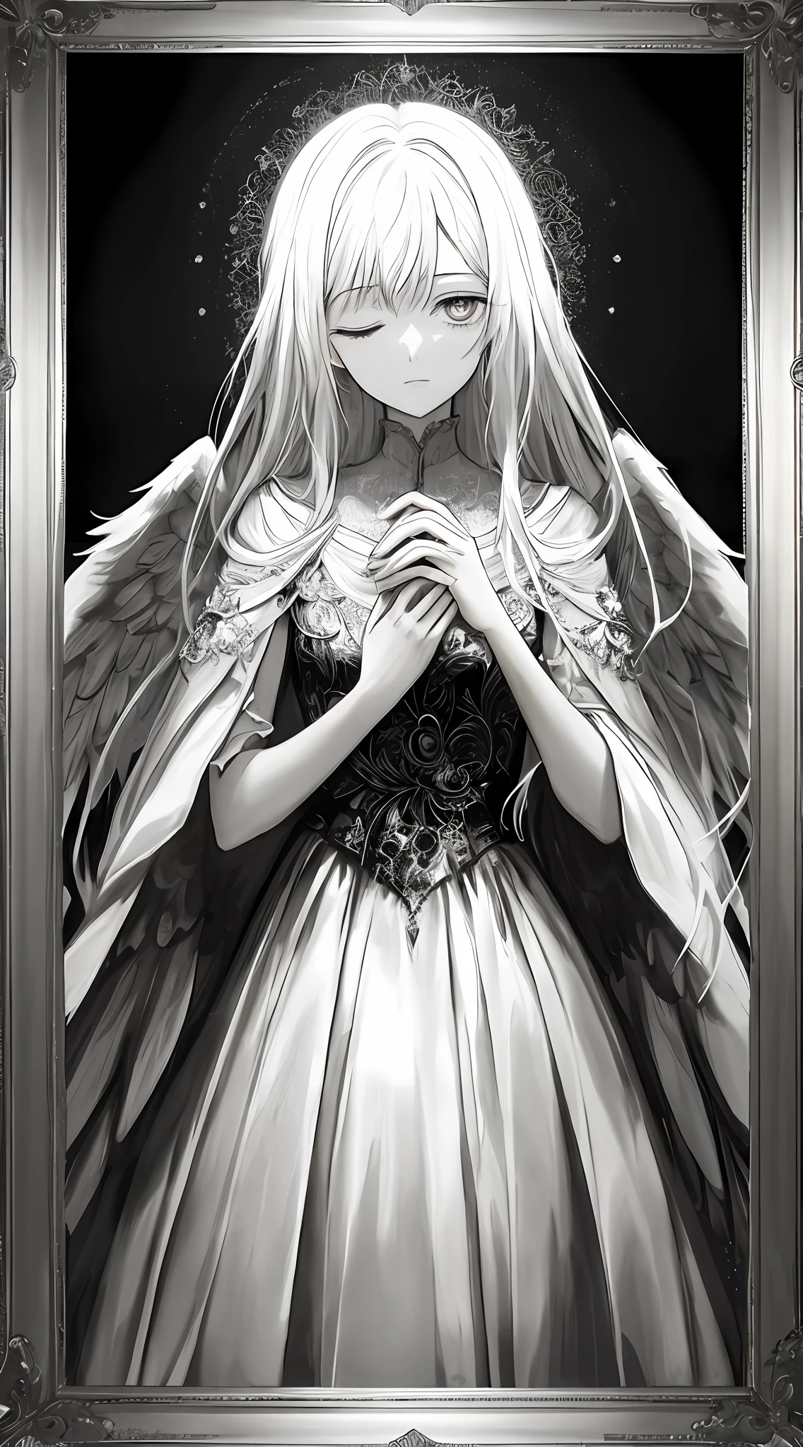 tmasterpiece，Portrait of an angel in prayer，Evil countenance，Three eyes，eye closeds，Black and white wings，A frame eroded by darkness and light