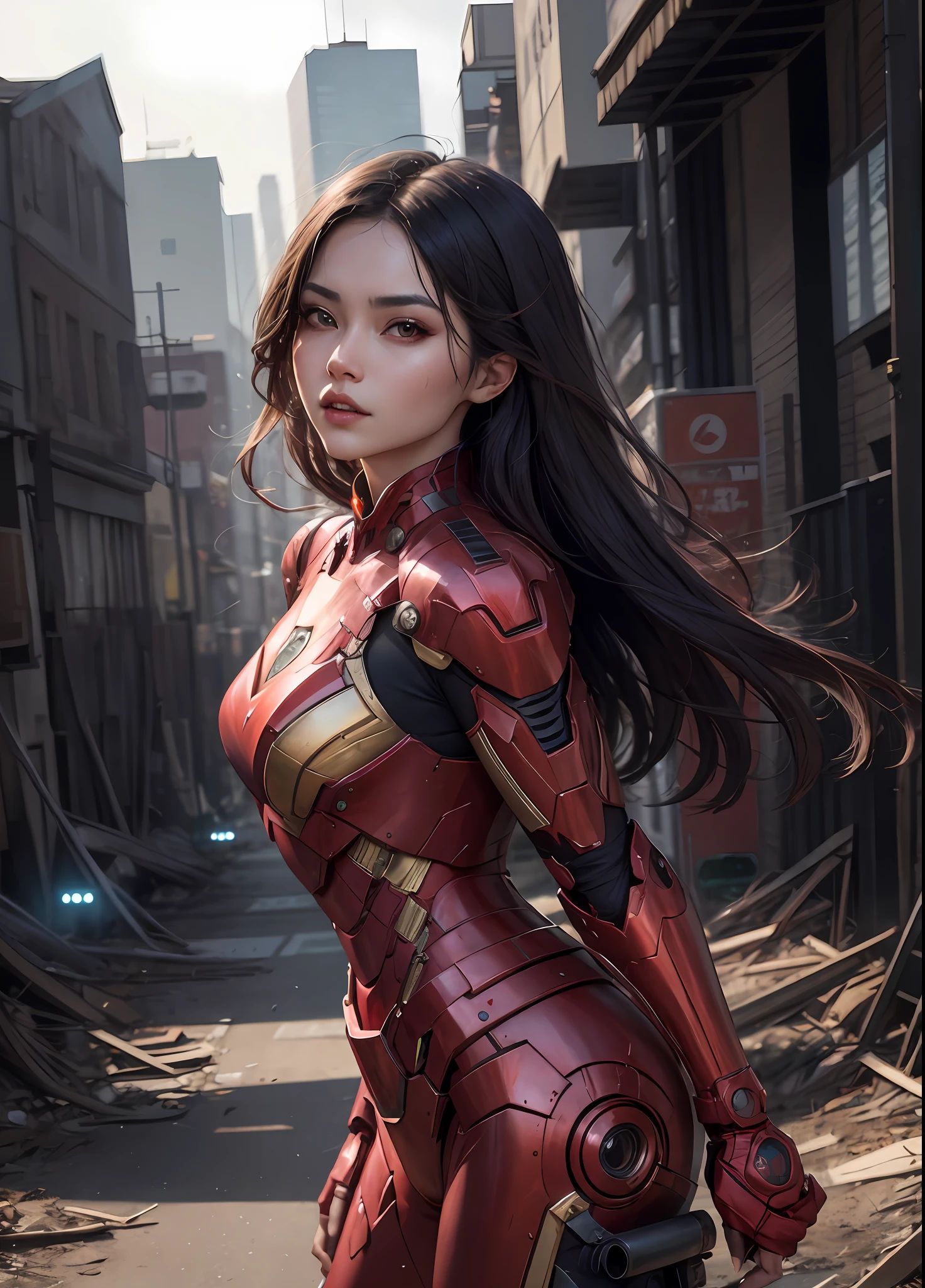 araffe woman in a red suit posing in a city, ross tran 8 k, wojtek fus, ig model | artgerm, 2 d cg, extremely detailed artgerm, cinematic. by leng jun, iu lee ji-eun as a super villain, masayoshi suto and artgerm, lady in red armor