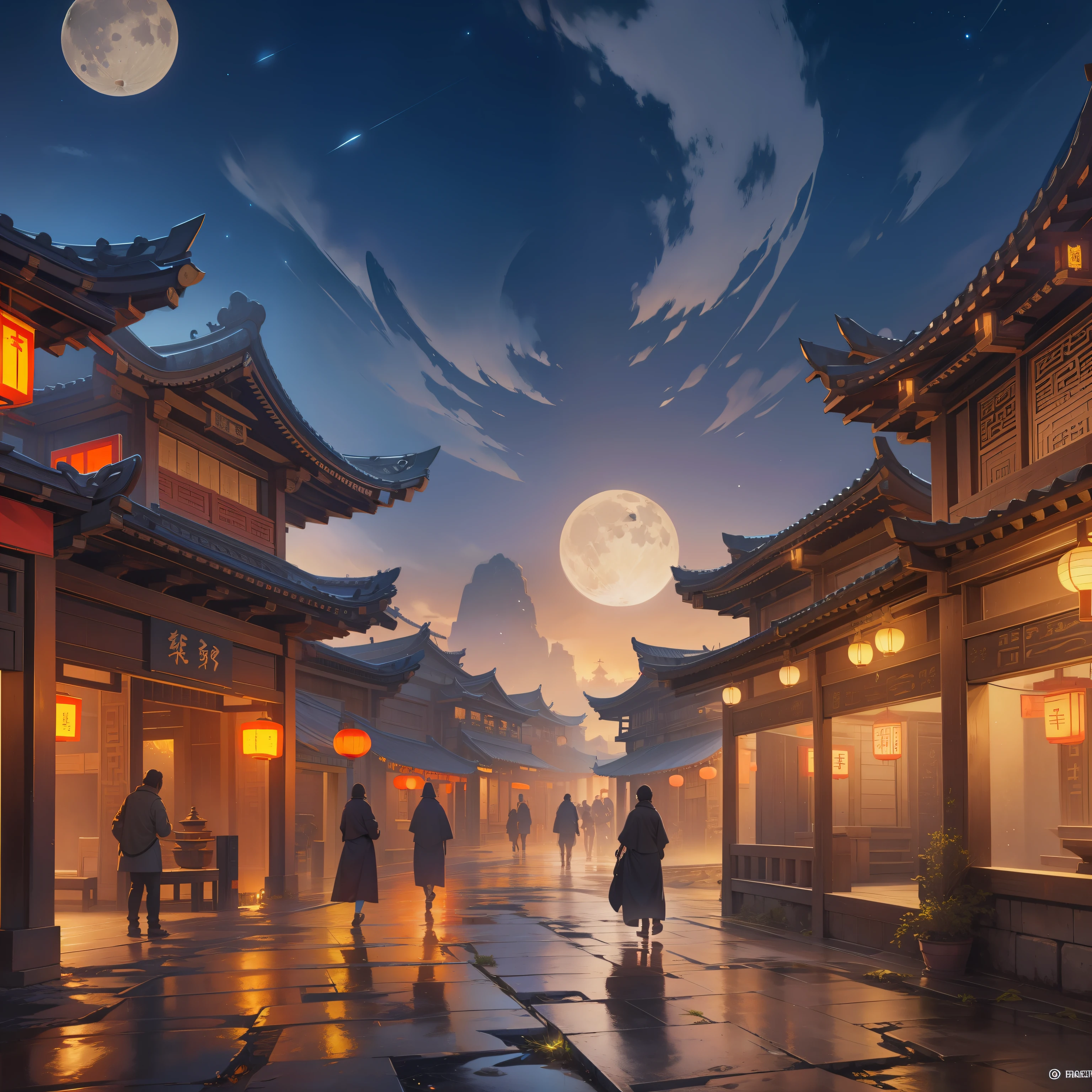 Official Art, Ancient China, Ancient Streets, (Lots of Fireflies), (Night), (Moon), Lights, Beautiful Landscapes, Epic Landscapes, Realistic Lighting, Masterpieces, High Quality, Beautiful Graphics, High Detail, Global Illumination, Unreal Engine Rendering, Octane Rendering, (HDR:1.3)