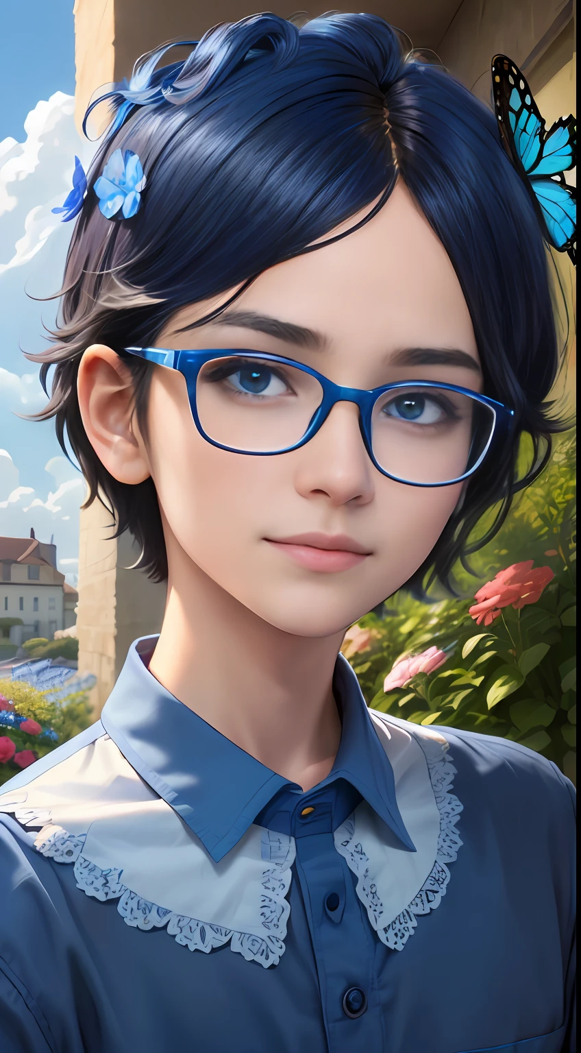 (A high resolution,High illumination,4K),blue rimmed glasses,Long face,Kizi,the face,Detailed face,eBlue eyes,Flower garden,Very short hair,He has a butterfly on his head,close-up face,The sun at noon,ssmile,:),looking at viewert,Close range - intensity,Blue shirt,