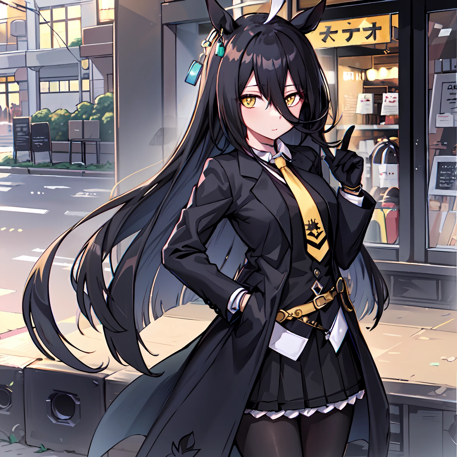 ((masutepiece, Best Quality)),(1girl in:1.2),manhattan-cafe,manhattan-cafe(Racing Wear),Horse Girl,Horse ears,hair_Bland_Eyes,(Solo:1.2),pantyhose,long_hair, Black_hair, Black Gloves,yellow_Eyes,Ahoge,neck tie,Black_Jacket,Skirt,Black_Footwear,smile