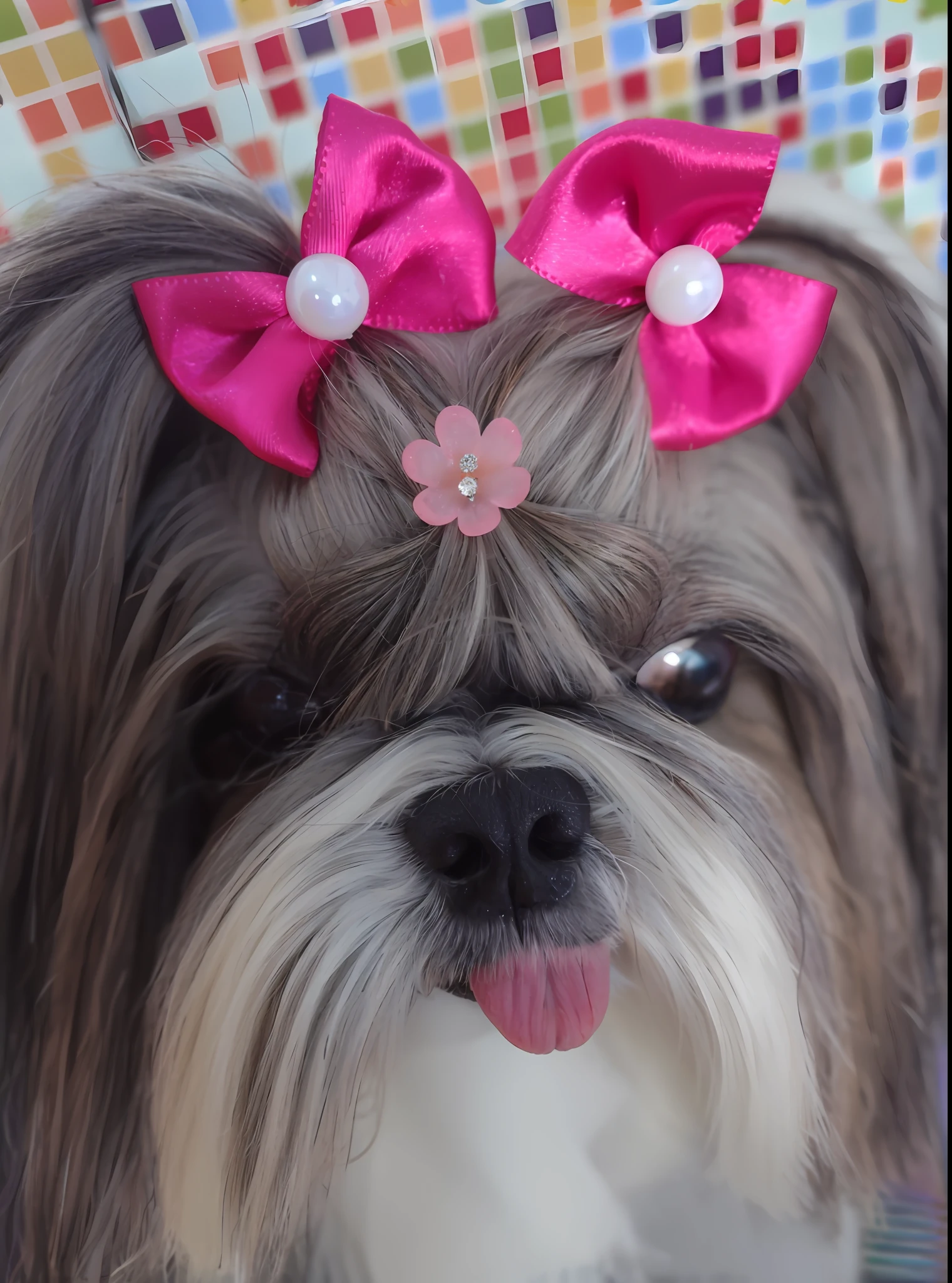 Araffe with a pink bow and pearls on her head, Shih Tzu, wearing pink hair bow, closeup of an adorable, Bowknot, beautiful dog head, !!beleza natural!!, wearing hair bow, cara muito bonita, cabelo rosa coberto com grampos de cabelo, nariz rosa, Dog cute, olhar orgulhoso, very cute features, Gorgeous features, pink hair bow