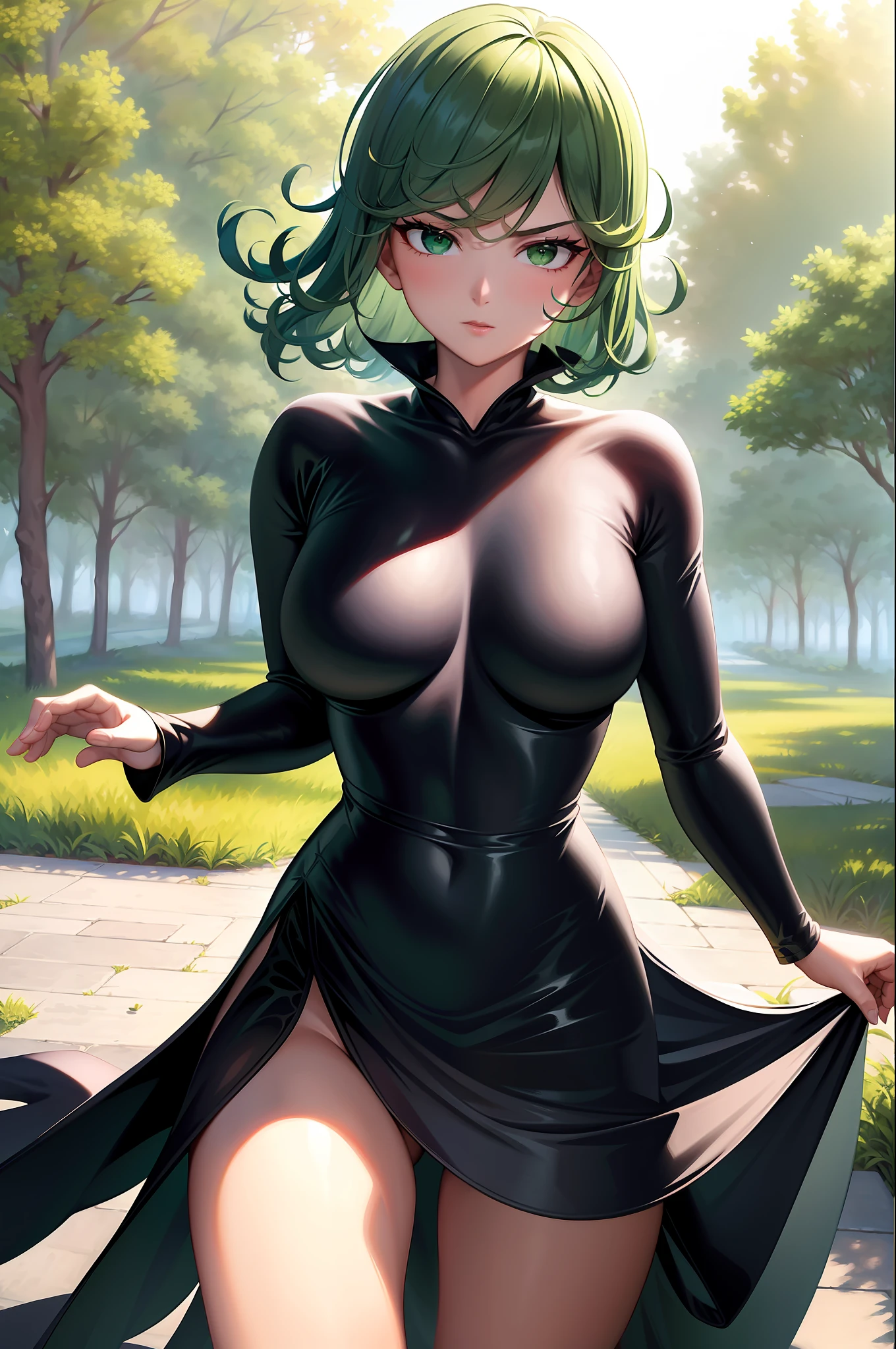 ultra realistic 8k cg, masterpiece, ((ultra detailed background, delicate pattern, intricate detail)), (highly detailed, fine details), best quality, (photorealistic:1.4),beautiful lighting, absurdres, RAW photo, film grain, 1girl, solo, tatsumaki, ((big breasts, black dress)), fine art, (short green hair), (green eyes), (outside, daytime, windy, light rays), soft light, action scene, seducing face,