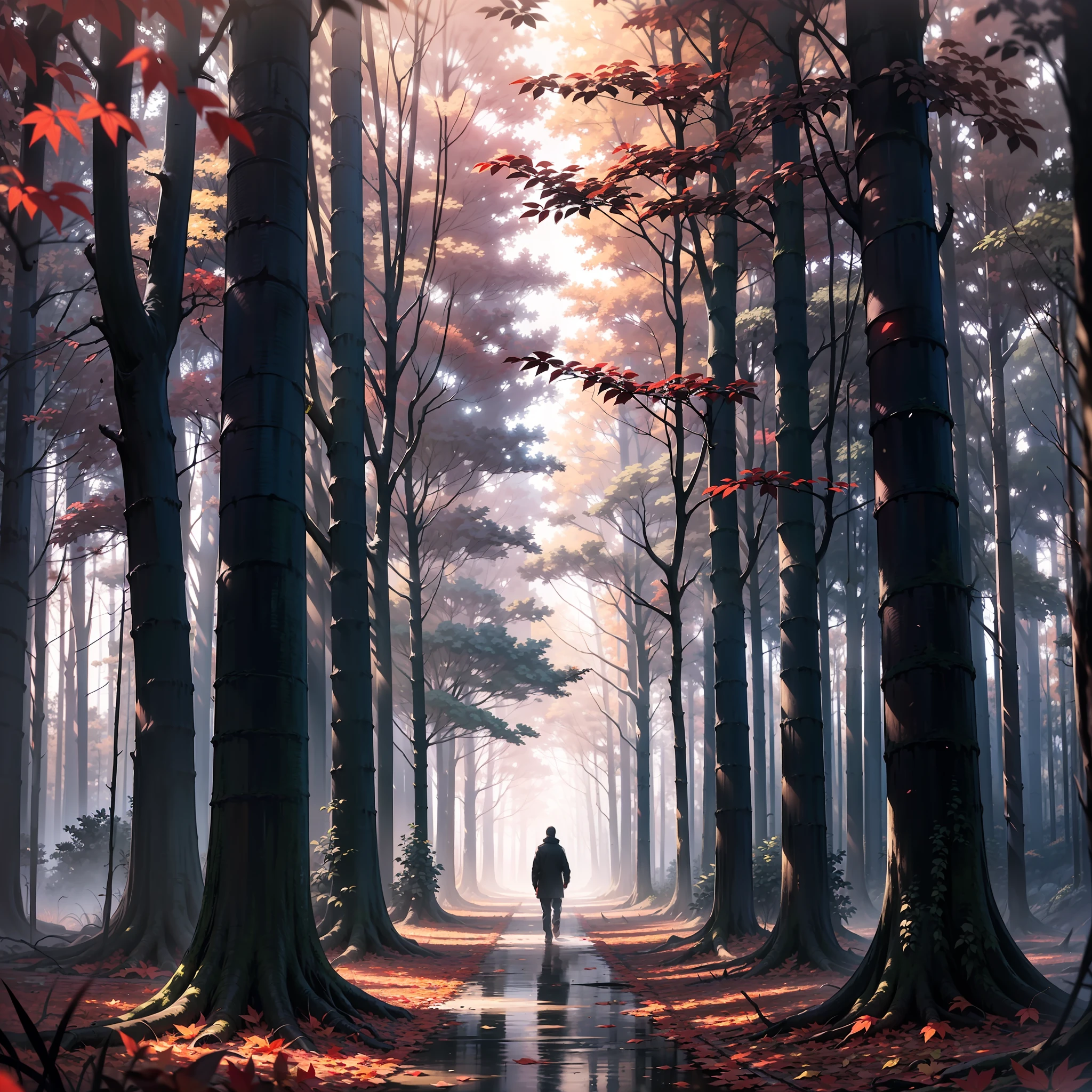 a dark shadow seen passing quickly in a blur, it’s slightly muddy, surrounded by tall trees with red leaves. The forest is dimly lit, creating a contrast between the red and black colors. The image evokes a sense of mystery and danger.