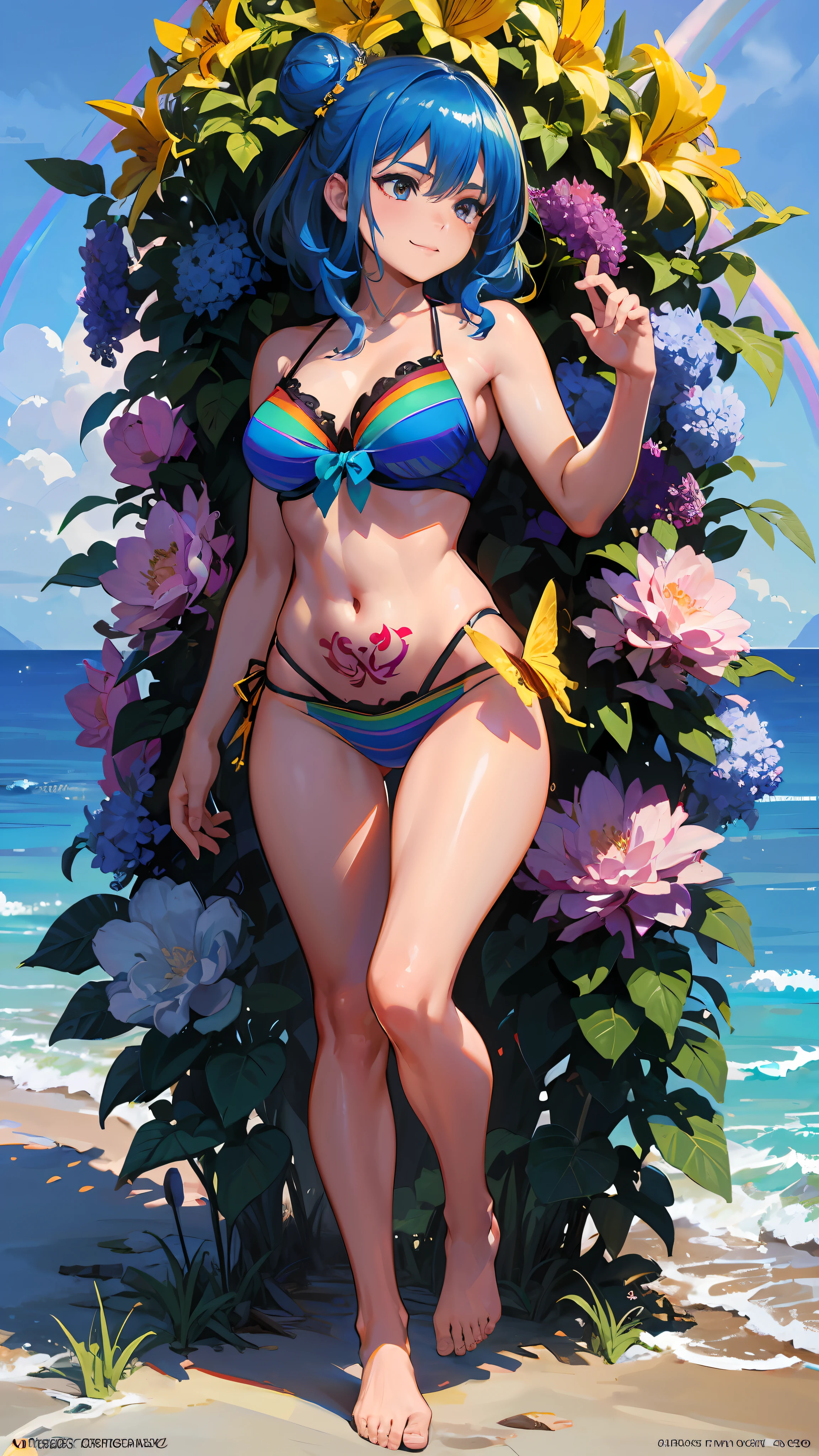 1girl, daylight, sunlight, (perfect body : 1.1), (short wavy hair : 1.2), detailed hair, ((blue hair with flowers details and back buns)), tattoo, full body shot, (wearing rainbow bikini:1.5), (extremely detailed CG 8k wallpaper), (an extremely delicate and beautiful), (masterpiece), (best quality:1.0), (ultra highres:1.0), beautiful lighting, realistic shadows, [highres], detailed skin, ultra-detailed, transparent, discret smile, walking, beach background, flowers details, tattoo, front pose, front focus, detailed hair style, WLOP, Stanley Artgerm Lau, Greg Rutkowski, Ross draws, Mark Brooks, Brian Froud, 8k resolution, hyper detailed, 8k portrait, intricate, elegant, highly detailed, majestic, digital photography, art by artgerm and ruan jia and greg rutkowski surreal painting gold butterfly filigree, lace details, garterbelt, confident, shy, medium breast