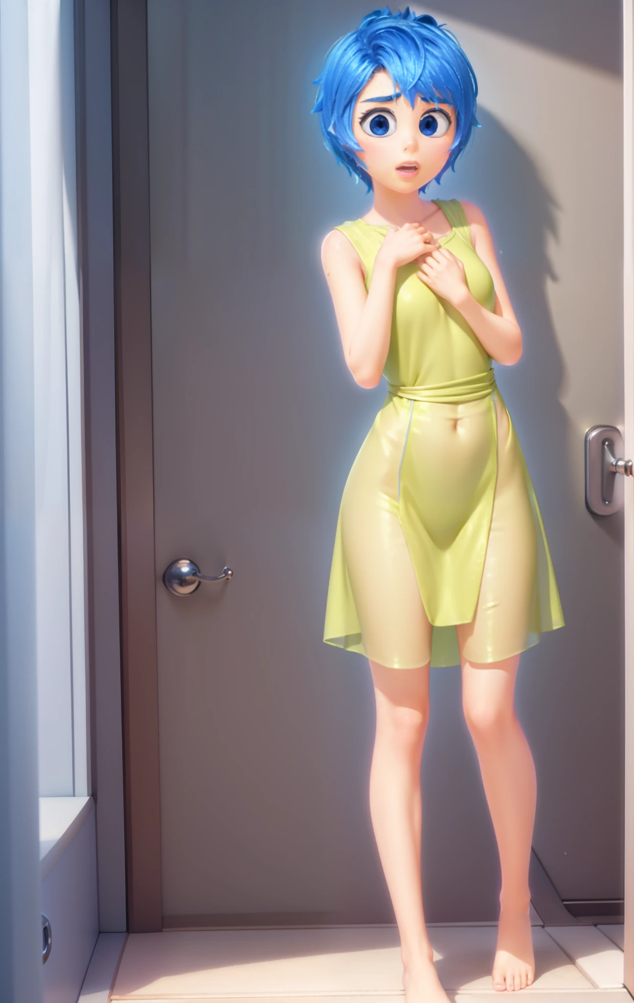 Masterpiece, Best Quality, (joying_Inside out, yellow skin, ),  Happy, wet transparent mini green dress,  Pixar, cartoony, 3D Rendering, small breasts, sexy expression, bare footed, ((Masterpiece)), Sunlight, (parted lips:1.4), (nose blush:1.2), breasts visible, Showing breasts, masterpiece, best quality, highres, 1girl, shy, blush, hand on own chest, kabedon, POV, Loli