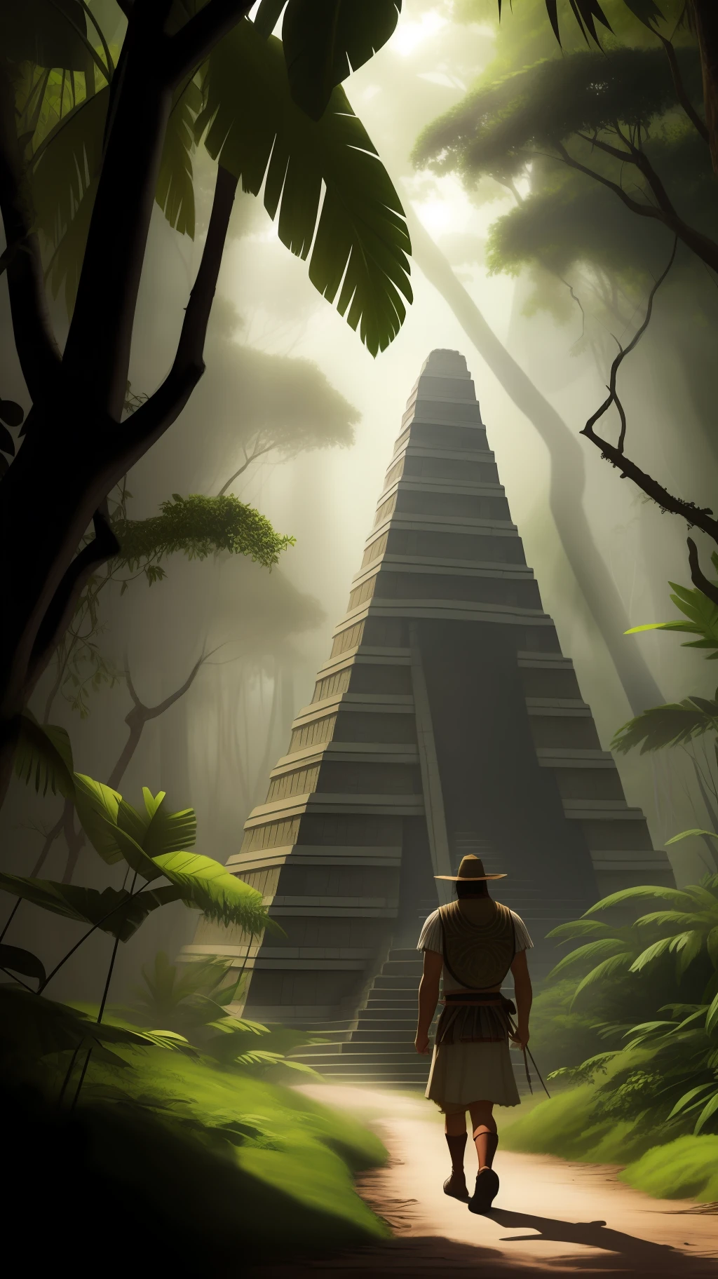 Mayan warrior, armored, walking on the Guatemalan jungle. Trees, vines, plants, bushes, exuberant tropical vegetation makes walk almost impossible. He contemplates a barely visible ancient Mayan pyramid covered with vines and tropical vegetation. Lush tropical vegetation, vines. Foggy atmosphere, humid, dark. Some rays of light filtering from above.
Photography, photorealistic, realistic raytraicing.