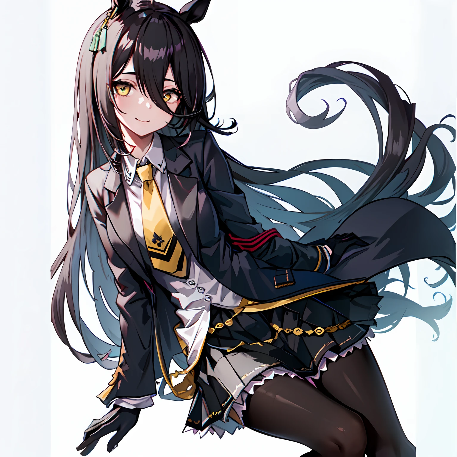 ((masutepiece, Best Quality)),(1girl in:1.2),manhattan-cafe,manhattan-cafe(Racing Wear),Horse Girl,Horse ears,hair_Bland_Eyes,(Solo:1.2),pantyhose,long_hair, Black_hair, Black Gloves,yellow_Eyes,Ahoge,neck tie,Black_Jacket,Skirt,Black_Footwear,smile