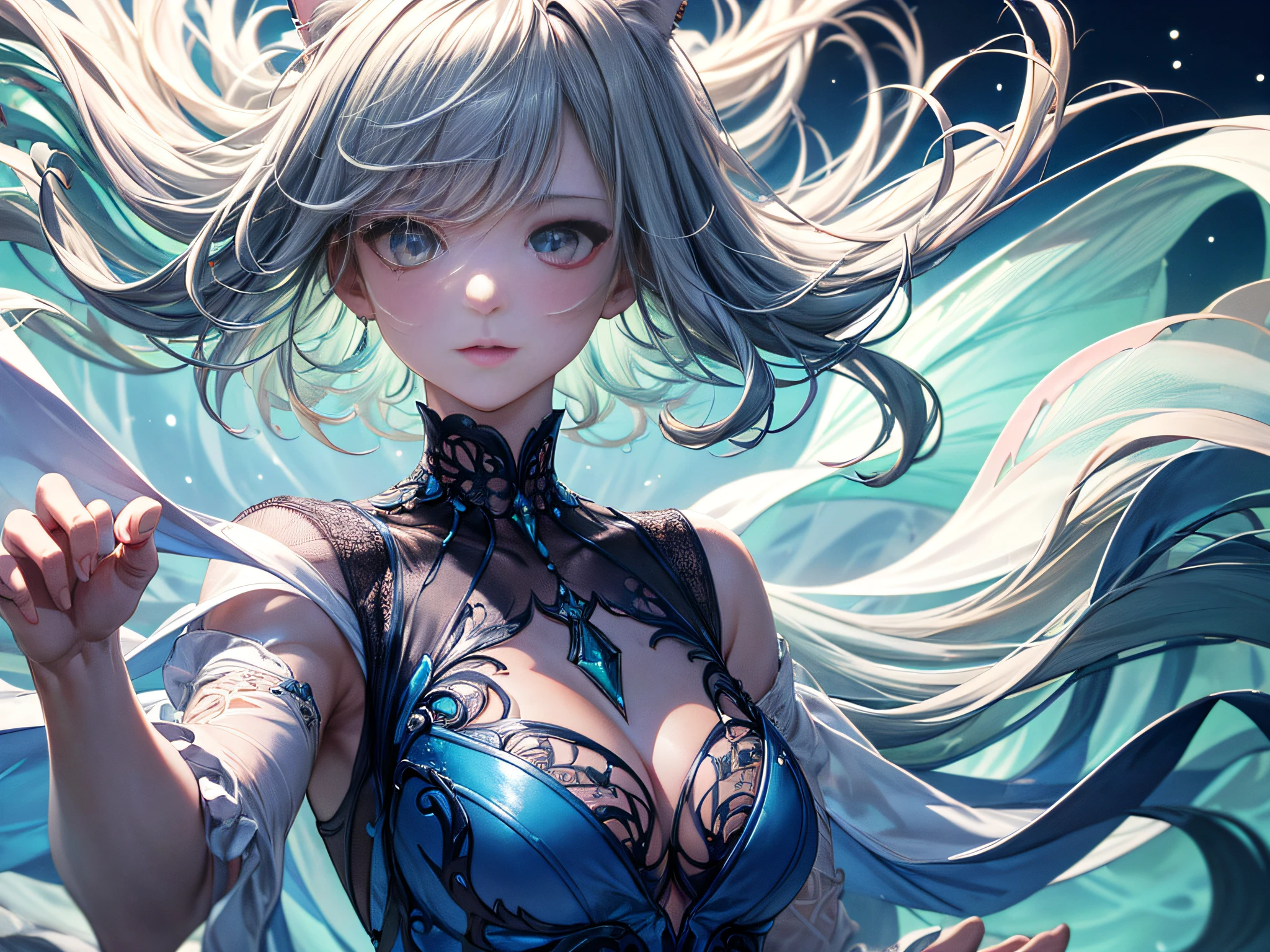 (Cat girl, abstracted: 1.4), (Fluorescence, Intricate, Surreal, Breathtaking, Incredible, Quiet, Silent), (Best quality), (Ultra-detailed, high resolution, Extremely detailed:1.5), (Delicate, Beautiful, mistic, Intricate, Surreal: 1.4), (Blue and light green:1.4), (Purple eyes: 1.4, Long white hair), (gentle, Romantic aura:1.4), (Fair skin:1.3), (Vintage jewelry: 1.3), (floating dress:1.3), (Lost in thought: 1.3), (Dancing: 1.3), ((Best quality)), (Masterpiece:1.5), (8k CG wallpaper), ((Perfect face: 1.8)), (luminating view: 1.3), More_Details:-1, More_Details:0, More_Details:0.5, More_Details:1, More_Details:1.5, More_Details:-1, More_Details:0, More_Details:0.5, More_Details:1, More_Details:1.5