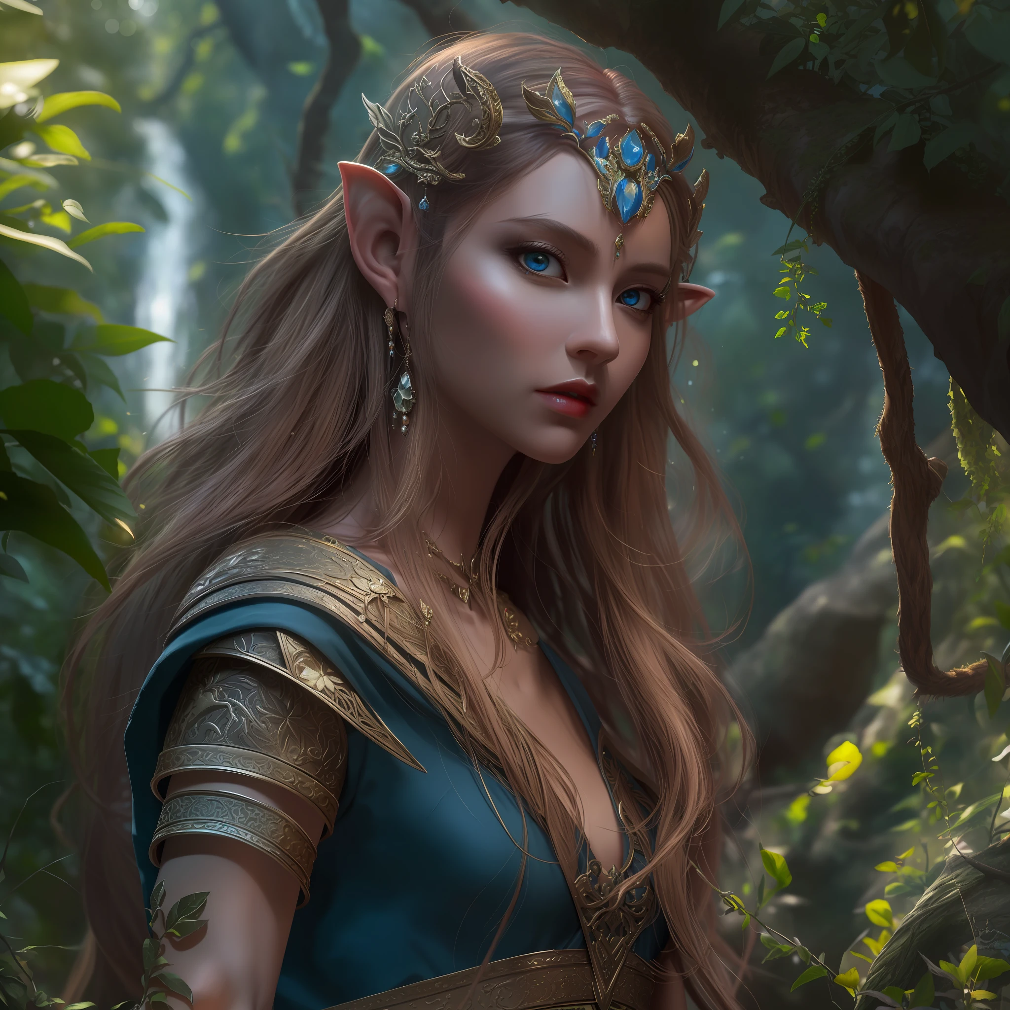 high details, best quality, 8k, [ultra detailed], masterpiece, best quality, (extremely detailed), dynamic angle, ultra wide shot, RAW, photorealistic, fantasy art, realistic art, a picture of a female elf druid  kneling (1.5 intricate details, Masterpiece, best quality) talking to a leopard (1.5 intricate details, Masterpiece, best quality) in a jungle (1.5 intricate details, Masterpiece, best quality),  a female elf wearing leather clothes (1.4 intricate details, Masterpiece, best quality), leather boots, thic hair, long hair, brown hair, intense blue eyes, vibrant jungle (intense details), many jungle trees (1.3 intricate details, Masterpiece, best quality), vines, a river flowing, sun light, dinamic light. dinamic angle, (1.4 intricate details, Masterpiece, best quality) 3D rendering, high details, best quality, highres, ultra wide angle