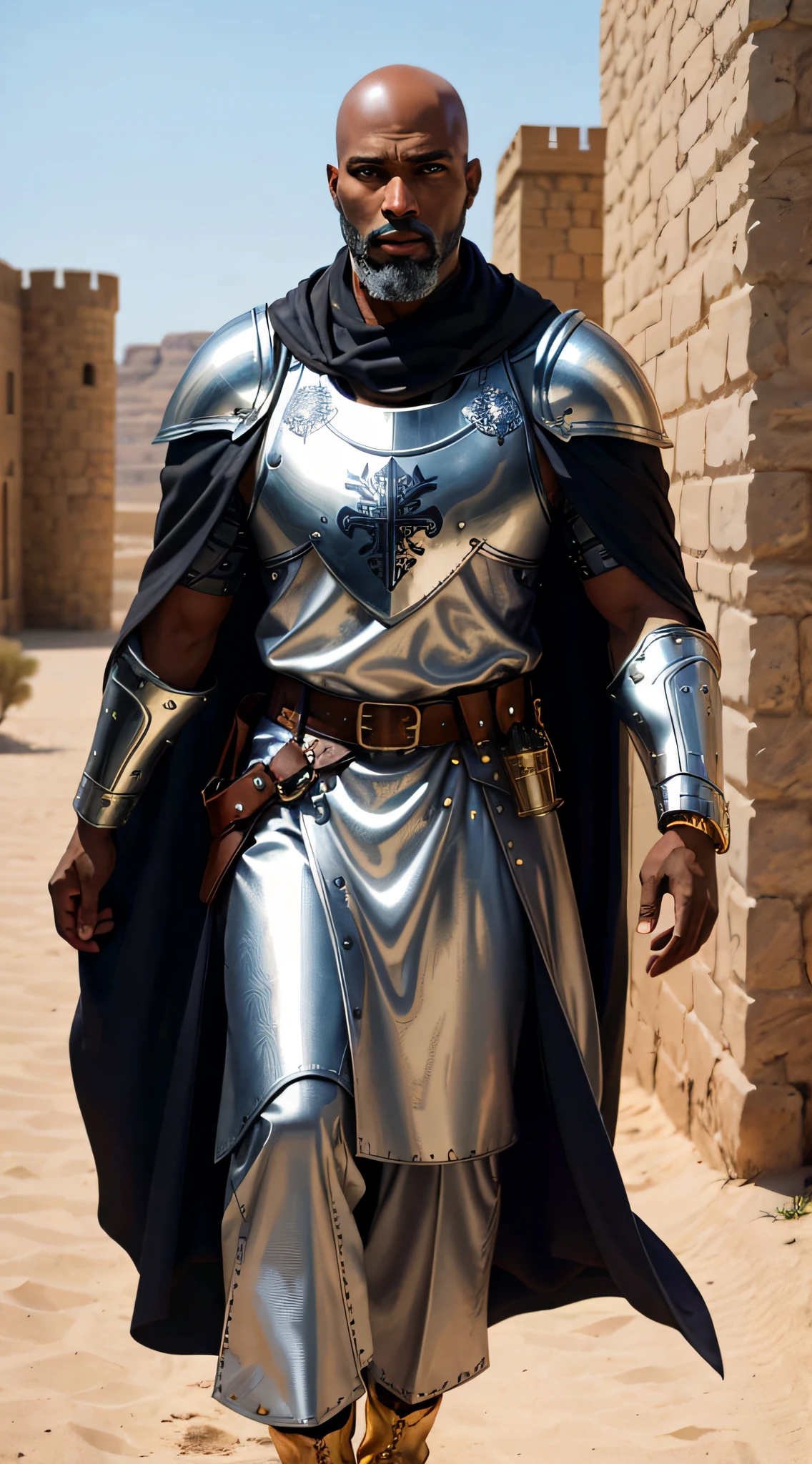 A man, (((solo))), (tall and muscular man, middle-aged, 50 years old, black man, very dark skin, bald, shaved hair, full gray beard), (a paladin knight of Arab aesthetics, wears a white hijab, wears a gold and silver armor, with patterned fabrics and a cape, with a heron coat of arms), is in a castle in the desert