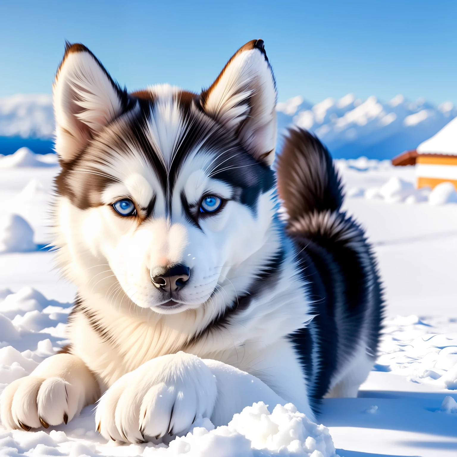 husky siberian, puppy, olhos azuis, fofo, detalhado, olhos brilhantes, pelo branco, cutie, brincando com bola, ao fundo a neve e uma cabana --auto