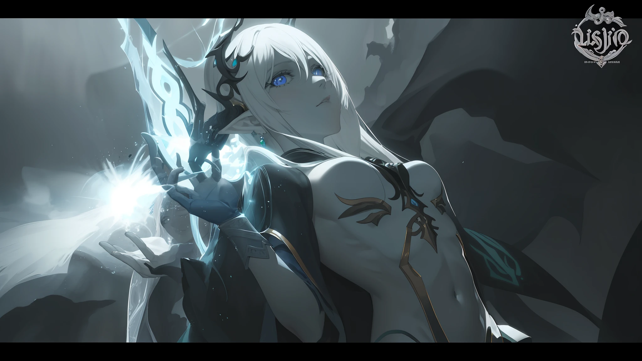  anime com cabelo branco e uma espada em um quarto escuro, da linhagem 2, v do diabo pode chorar como um elfo, negar, Drow perfeito, female drow elf, Ashe, rsrs, Drow, Feiticeira do Gelo, Elfo Negro, elfo masculino de pele prateada, de um elfo de anel elden, lindo Drow macho, square enix cinematic art
