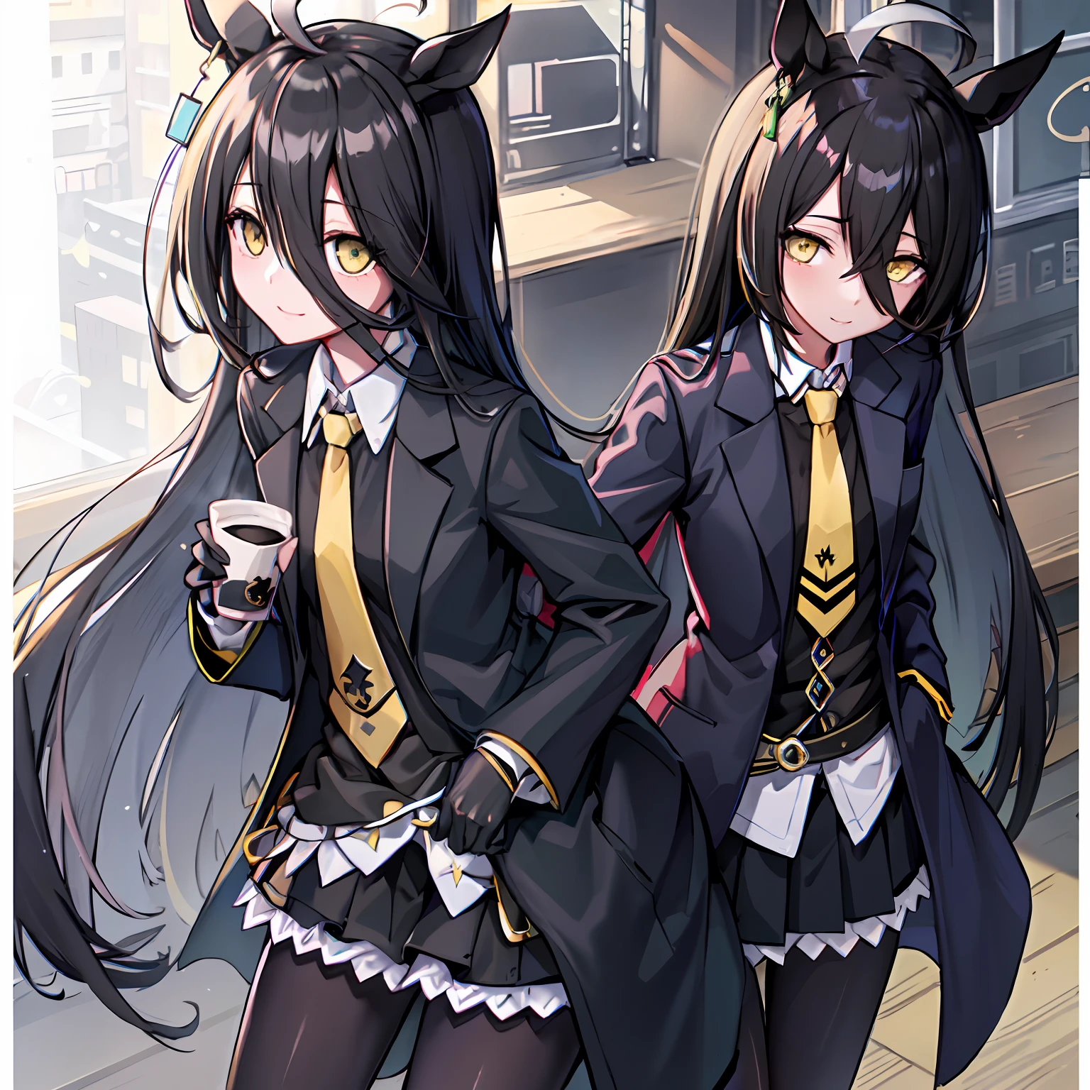 ((masutepiece, Best Quality)),(1girl in:1.2),manhattan-cafe,manhattan-cafe(Racing Wear),Horse Girl,Horse ears,hair_Bland_Eyes,(Solo:1.2),pantyhose,long_hair, Black_hair, Black Gloves,yellow_Eyes,Ahoge,neck tie,Black_Jacket,Skirt,Black_Footwear,smile