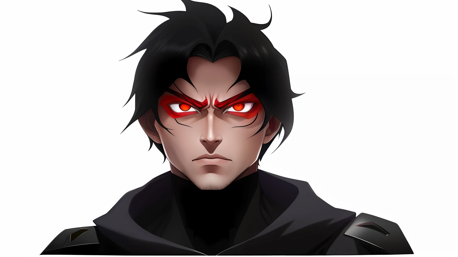 um close up de uma pessoa com olhos vermelhos e um casaco preto, com olhos vermelhos brilhantes, com olhos vermelhos brilhantes, olhos totalmente vermelhos sem pupilas, his eyes are red and glowing, olhos vermelhos afiados, olhos vermelhos brilhando, Vetor Anime sombreado, he's very menacing and evil, cara bonito na arte demon slayer, olhos totalmente vermelhos, cara de anime raivoso altamente detalhado,queixo grande