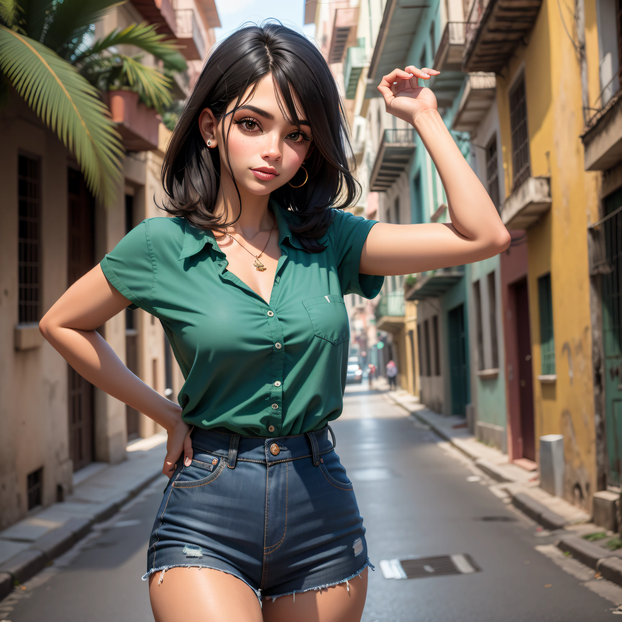 Havana street scenery in Cuba, obra-prima, melhor qualidade, trabalho de rending 3d, estilo 3DMM, close-up, retrato, 3D, solo, cabelo preto, boina, colar, sardas, joias, cabelo de dois tons, olhando para cima, realista, parte superior do corpo, fundo simples, franja, olhando para longe, cabelo curto, separated-lips, olhos pretos,, gargantilha, maquiagem, mole, camisa verde, camisa