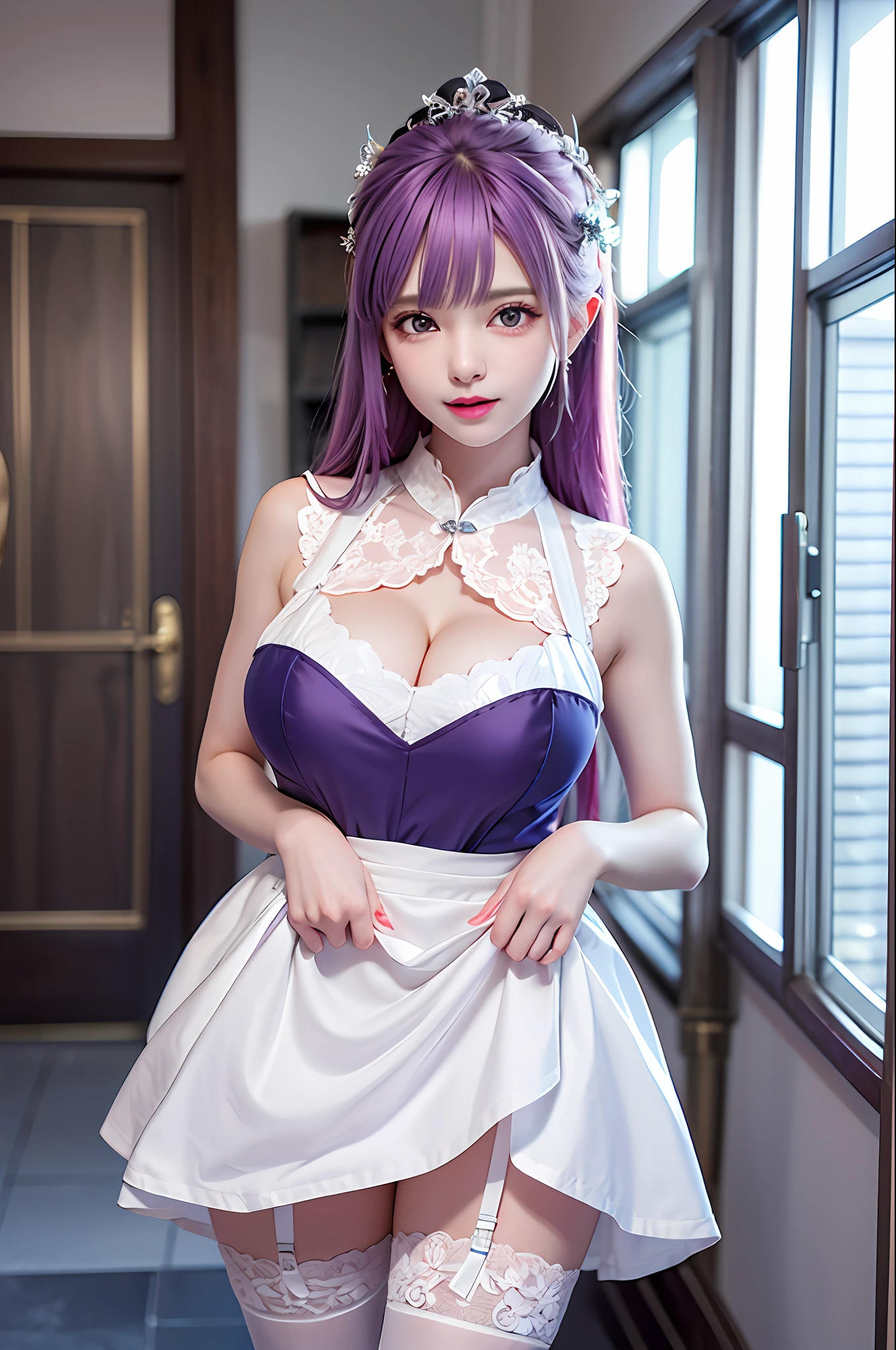 (best qualityer、Exquisite:1.2)、超高分辨率、realisticlying、forward light、The details are complex、Exquisite details、The texture is exquisite、1 mature mature girl(rosette)、Alone、、、、(年轻、、Absolutely lovely、)、face highlight、plumw、A detailed face、white skinned、Pink and purple hair、looki at viewer、largeeyes、Silk lace dress(white skirt),White suspender stockings,耳Nipple Ring、Oversized breasts、slimfigure、Deluxe Room、Professional lighting、photon maping、Radio City、physically-based renderingt、Pull up the skirt、Lift the hem of the skirt、full bodyesbian