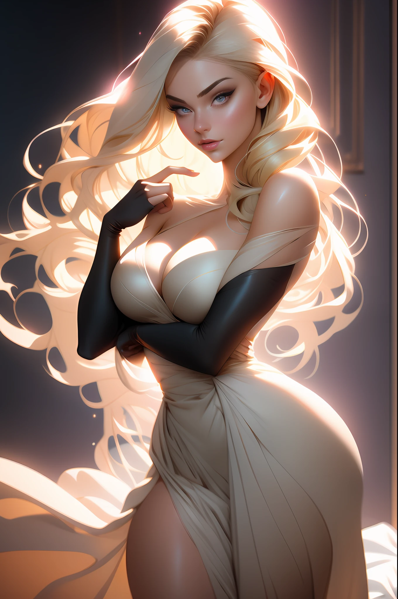 nsfw:1.5,masterpiece, best quality, high quality, high definition, high quality textures, high quality shadows, high definition, beautiful detail, highly detailed cg, detailed textures, realistic representation of faces, realistic, colorful, delicate, cinematic lights, side lights, lens flares, ray tracing, sharp focus, (1girl, __focus__:1.3), ( Intricate details, Makeup, PureErosFace_V1:0.5), (Delicate face beautiful with details, Delicate eyes beautiful in detail, Perfect face proportions, dense skin, optimal ratio of four fingers and one thumb, arms under chest, large breasts, wide hips, smooth upper abdomen, lean, dress, blonde:1.3), bed, without hands