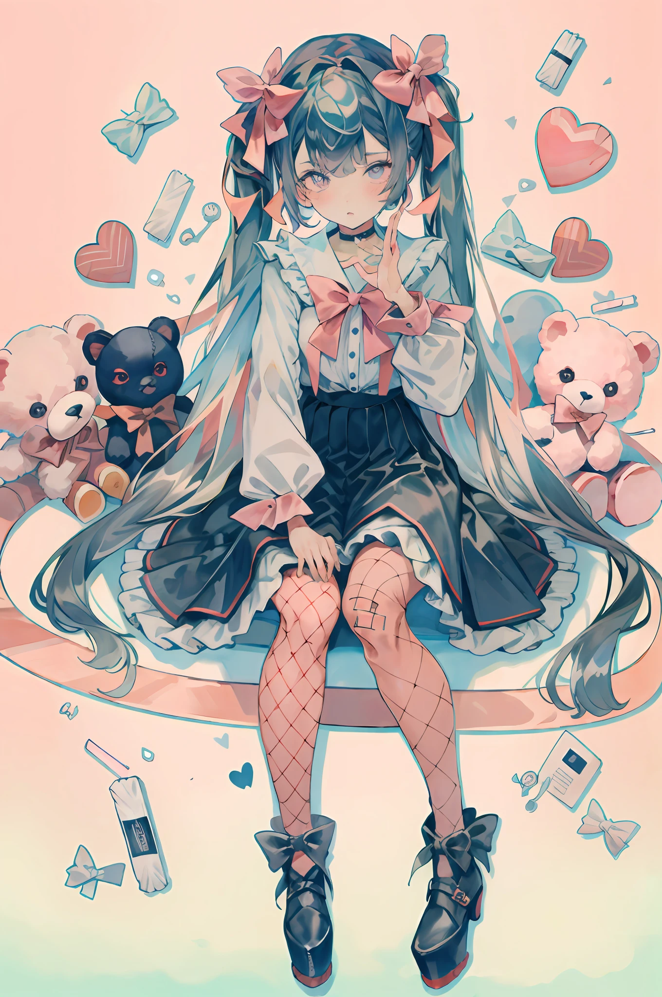 masterpiece, best quality, (jirai_kei),1girl, solo, long_hair, looking_at_viewer, shirt, black_hair, long_sleeves, bow, ribbon, twintails, sitting, monochrome, hair_bow, heart, pantyhose, frills, food, shoes, choker, blunt_bangs, black_skirt, pink_eyes, stuffed_toy, pink_background, stuffed_animal, frilled_skirt, pink_bow, (fishnets), candy, bandaid, pink_shirt, teddy_bear, lollipop, (fishnet_pantyhose), platform_footwear, pink_theme, pill, heart-shaped pupils,