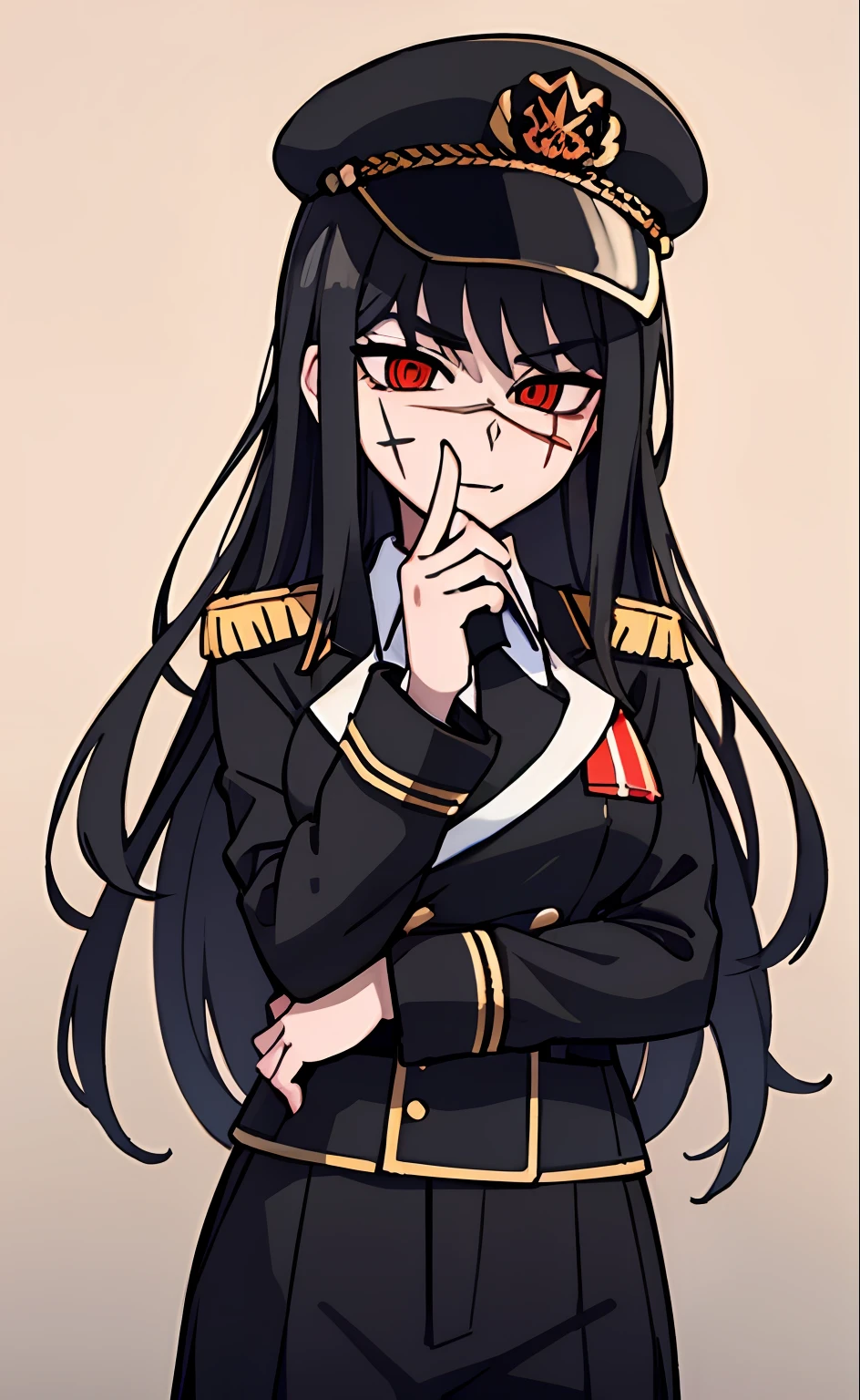 (masterpiece, best quality: 1.2), Solo, 1girl, Yoru \(Chainsaw Man\), looking at the viewer, different poses, red eye, long hair, completely black hair, reference to clothing of a German WWII general, black long sleeves (best quality), scar on face, beautiful eyes, has only 2 arms, has war medals on his clothes, Black Military Cap, Golden Eagle Medal on Clothing,  (Wallpaper), (8K HD), (8K HD), Golden Shoulder Pads, Sprites, 1 Single Design (masterpiece, best quality: 1.2), Solo, 1girl, Yoru \(Chainsaw Man\), looking at the viewer, smile, happy, different poses, red eye, long hair, completely black hair, reference to clothing of a German WWII general, black long sleeves (best quality), scar on face,  beautiful eyes, has only 2 arms, has war medals on his clothes, black military cap, golden eagle medal on clothing, (wallpaper), (8K HD), (8K HD), (8K HD), golden shoulder pads, sprites, 1 single design