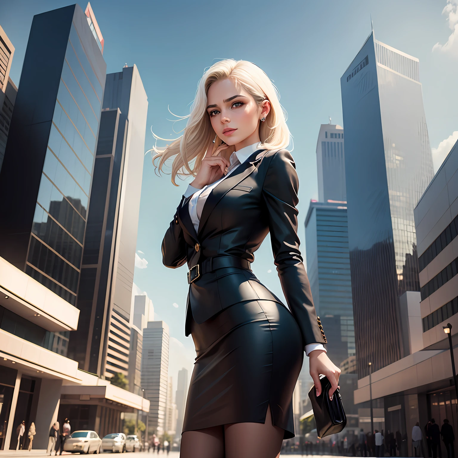 Por favor, Create an image of a modern city with towering skyscrapers, luzes brilhantes e uma atmosfera vibrante. No centro da imagem, Include a successful businesswoman, vestindo um conjunto de tailleur elegante e sofisticado, suitable for an important business meeting. A mulher deve ter cabelos longos e pretos, que caem elegantemente sobre seus ombros. It must convey confidence and determination in your gaze, with a serene facial expression and a light smile. Certifique-se de que todos os detalhes da imagem, como roupas, Facial expressions and environment, estejam em harmonia para representar uma cena profissional e moderna.” --auto