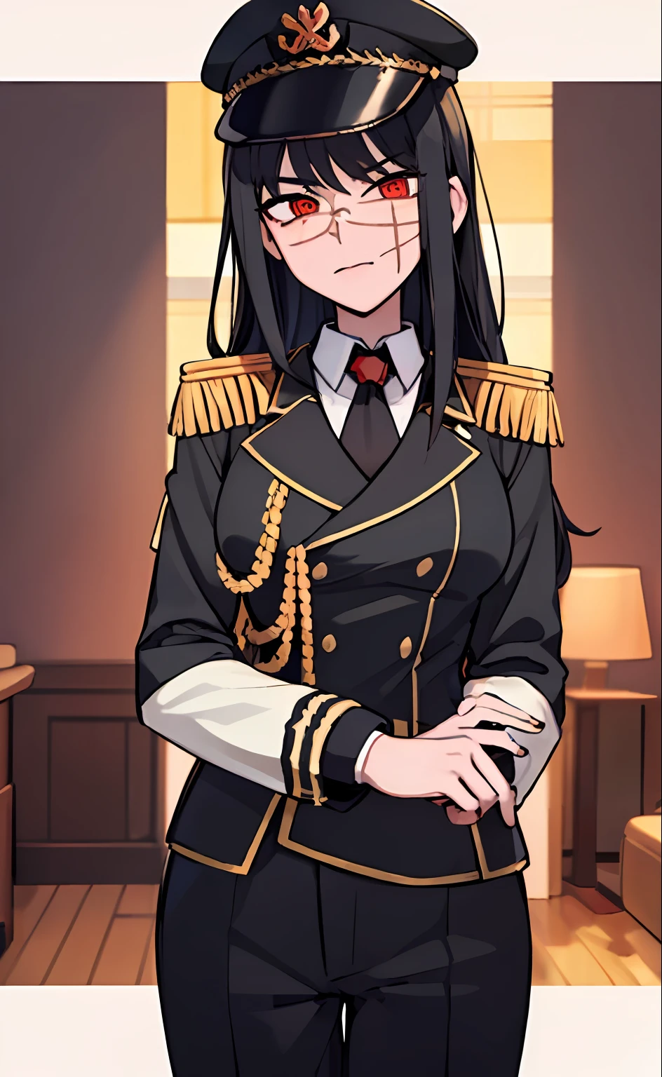 (masterpiece, best quality: 1.2), Solo, 1girl, Yoru \(Chainsaw Man\), looking at the viewer, different poses, red eye, long hair, completely black hair, reference to clothing of a German WWII general, black long sleeves (best quality), scar on face, beautiful eyes, has only 2 arms, has war medals on his clothes, Black Military Cap, Golden Eagle Medal on Clothing,  (Wallpaper), (8K HD), (8K HD), Golden Shoulder Pads, Sprites, 1 Single Design (masterpiece, best quality: 1.2), Solo, 1girl, Yoru \(Chainsaw Man\), looking at the viewer, smile, happy, different poses, red eye, long hair, completely black hair, reference to clothing of a German WWII general, black long sleeves (best quality), scar on face,  beautiful eyes, has only 2 arms, has war medals on his clothes, black military cap, golden eagle medal on clothing, (wallpaper), (8K HD), (8K HD), (8K HD), golden shoulder pads, sprites, 1 single design