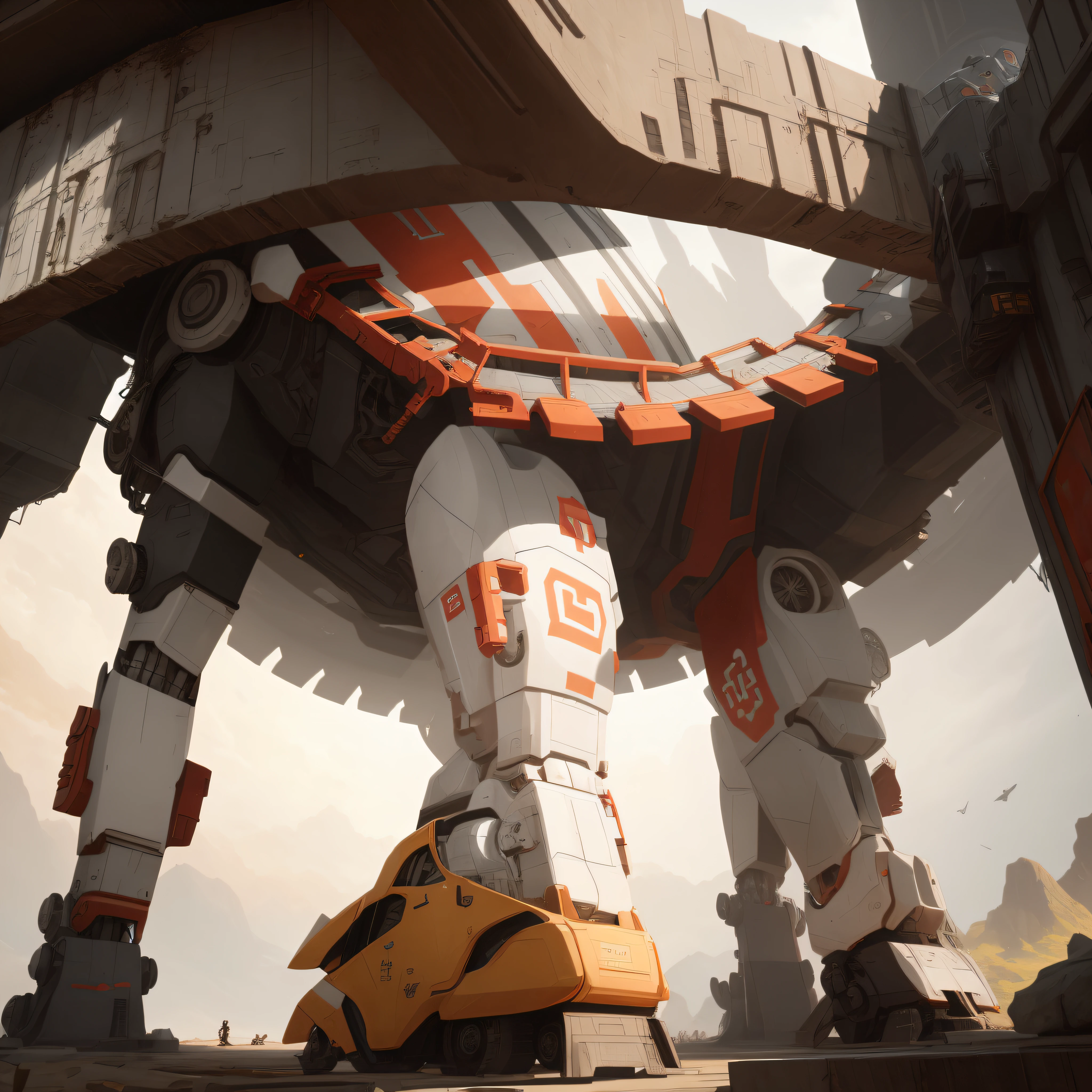 There's a big robot that's standing on a platform., Pie robot gigante, Krenz Cushart y Wenjun Lin, cybernetic legs, Arte de renderizado 3D de Rolands Zilvinski, CGsociety 9, Detailed robot dragon feet, Robot dragon feet, Ganador del concurso CGSOCIETY, CGsociety y Fenghua Zhong