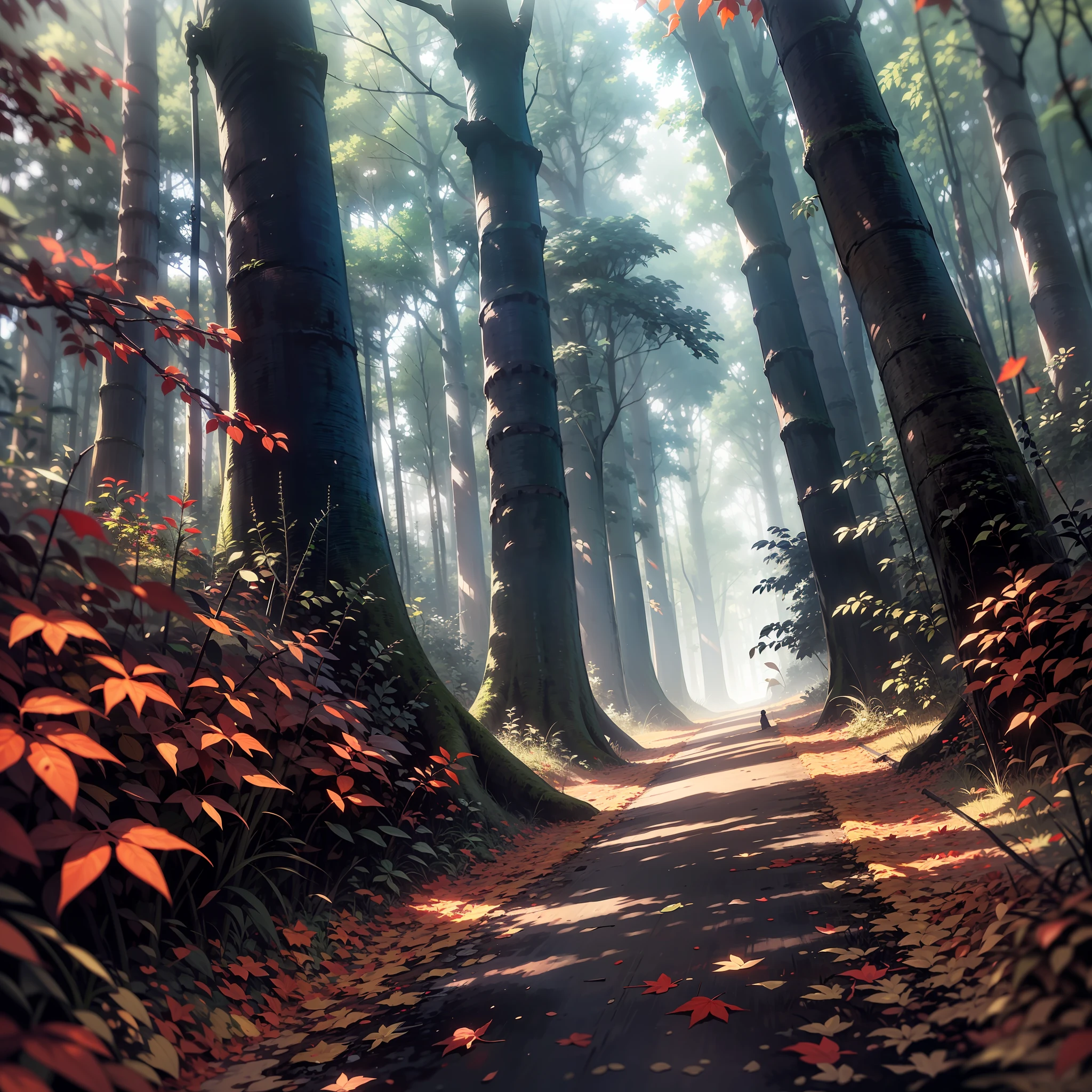 a dark shadow seen passing quickly in a blur, it’s slightly muddy, surrounded by tall trees with red leaves. The forest is dimly lit, creating a contrast between the red and black colors. The image evokes a sense of mystery and danger.