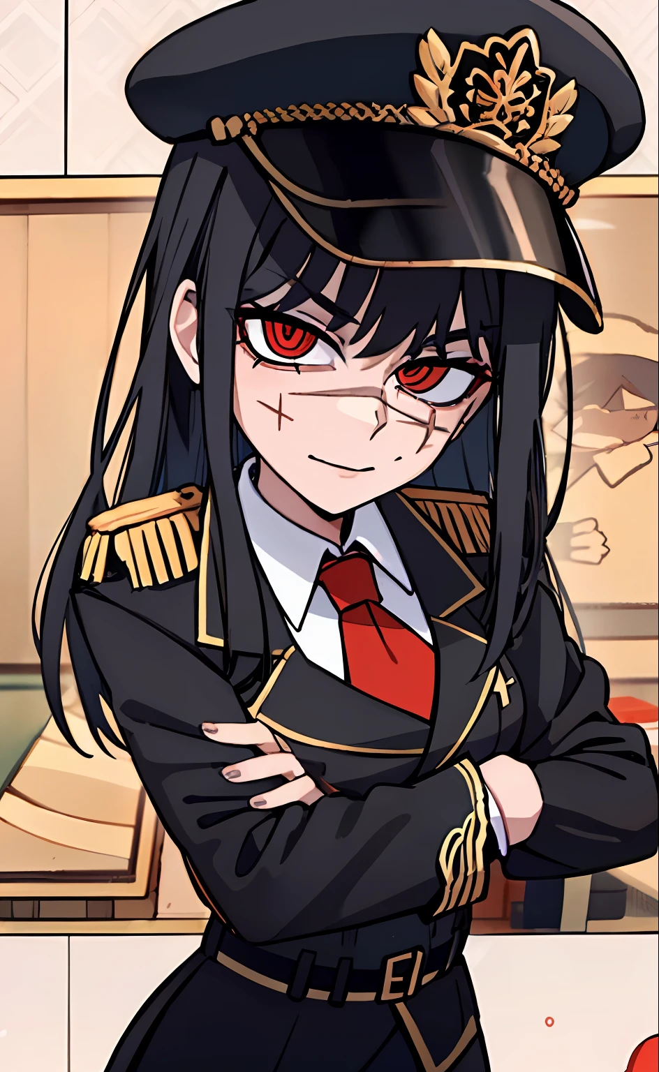 (masterpiece, best quality: 1.2), Solo, 1girl, Yoru \(Chainsaw Man\), looking at the viewer, different poses, red eye, long hair, completely black hair, reference to clothing of a German WWII general, black long sleeves (best quality), scar on face, beautiful eyes, has only 2 arms, has war medals on his clothes, Black Military Cap, Golden Eagle Medal on Clothing, (Wallpaper), (8K HD), (8K HD), Golden Shoulder Pads, Sprites, 1 Single Design (masterpiece, best quality: 1.2), Solo, 1girl, Yoru \(Chainsaw Man\), looking at the viewer, smile, happy, different poses, red eye, long hair, completely black hair, reference to clothing of a German WWII general, black long sleeves (best quality), scar on face, beautiful eyes, has only 2 arms, has war medals on his clothes, black military cap, golden eagle medal on clothing, (wallpaper), (8K HD), (8K HD), (8K HD), golden shoulder pads, sprites, 1 single design
