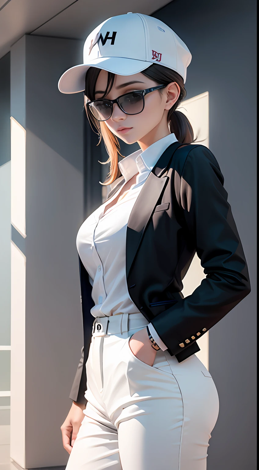 tmasterpiece,White baseball cap,White short sleeves,Black pantsuit,White tourist shoes,detail in face,k hd,tmasterpiece,Black glasses,8K,high qulity,,(wie z:1.1),(Zaha:1.2),Interior architectural lights pass through the shadows,looking at viewert,close-up face