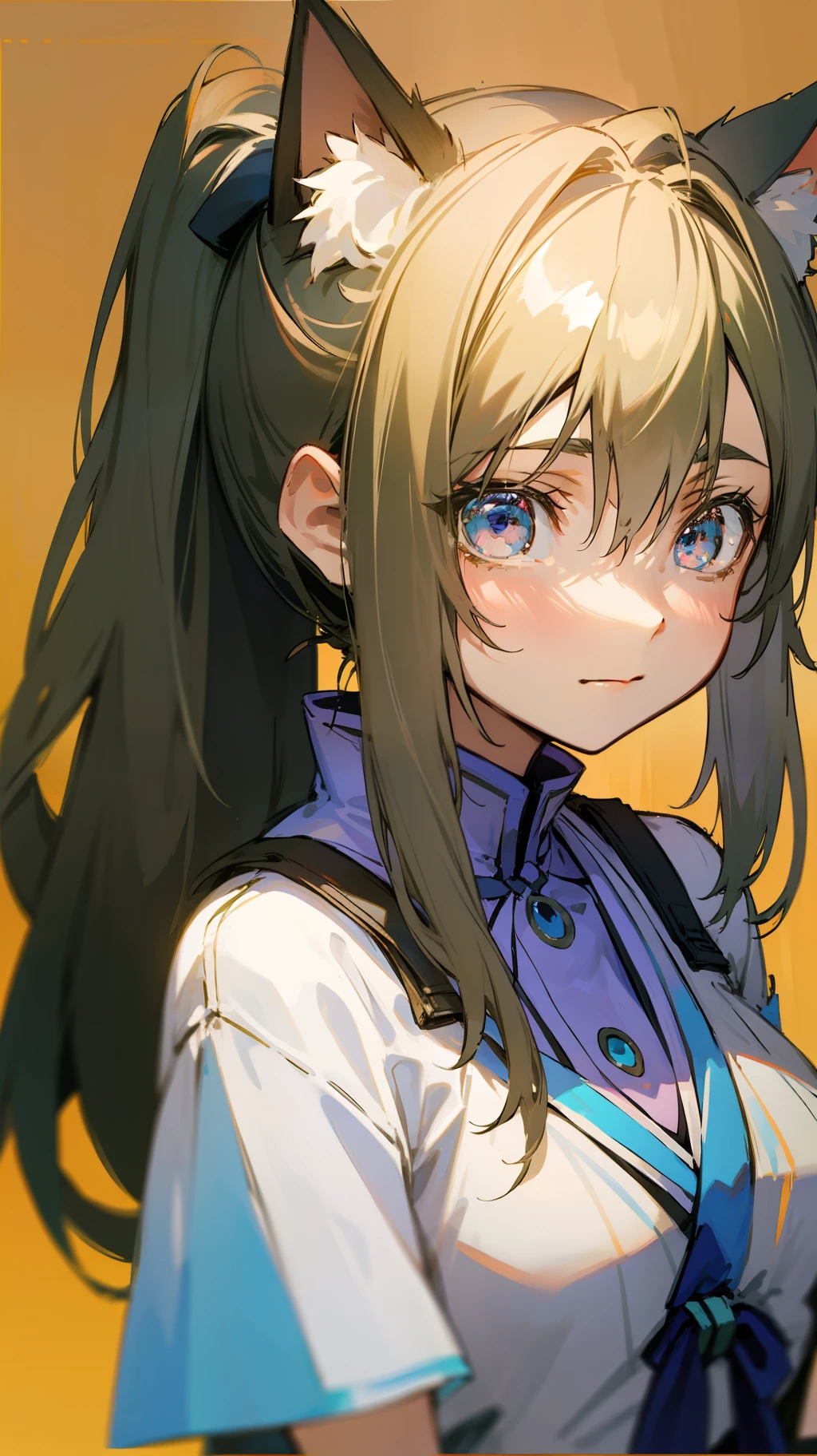 best qualtiy， tmasterpiece， 超高分辨率，Turquoise eyes，Cat-eared lady，Blonde hair high ponytail，teens girl，soio，solid color backdrop，A shy expression，Casual attire