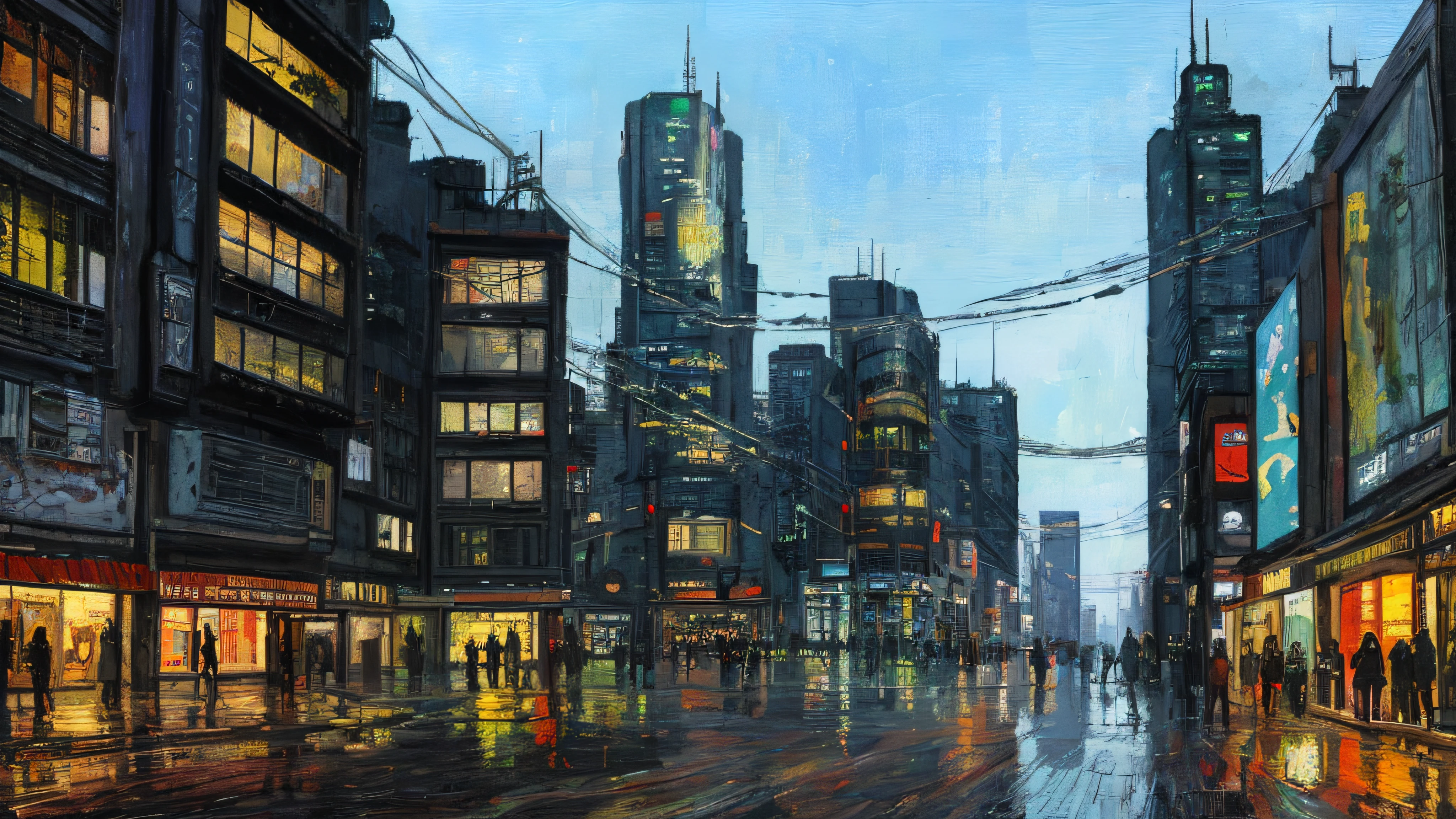 Cyberpunk City, Street Shootout, Van Gogh, Impressionist Oil Painting